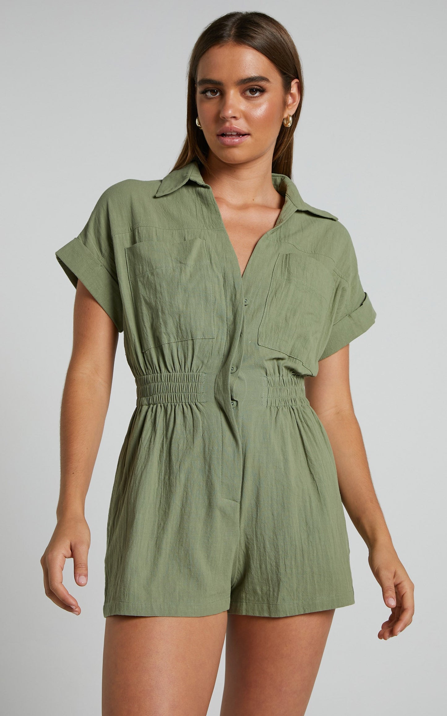 Daralyn Linen Blend Playsuit - Collared Button Down Utility Playsuit in Khaki