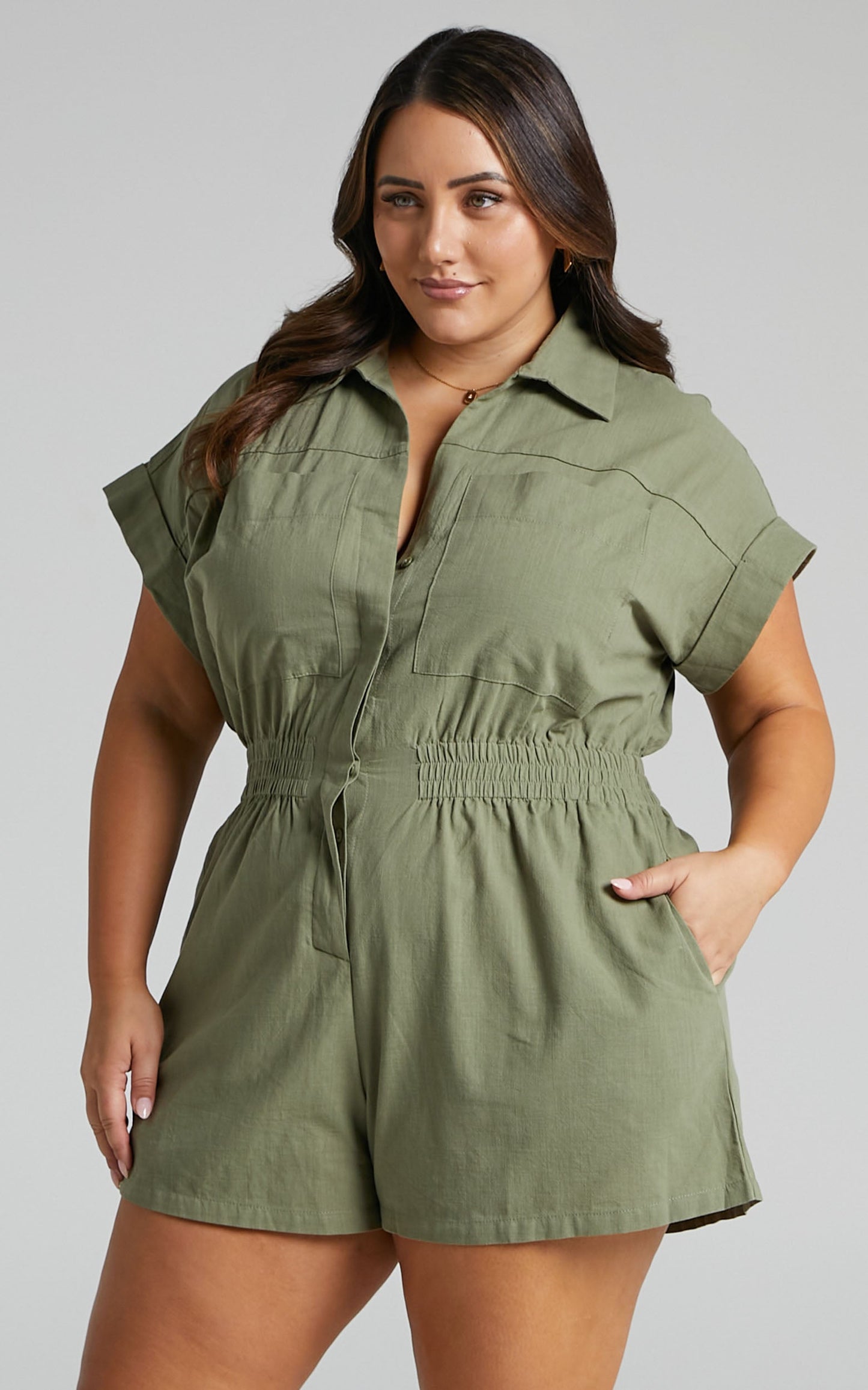 Daralyn Linen Blend Playsuit - Collared Button Down Utility Playsuit in Khaki