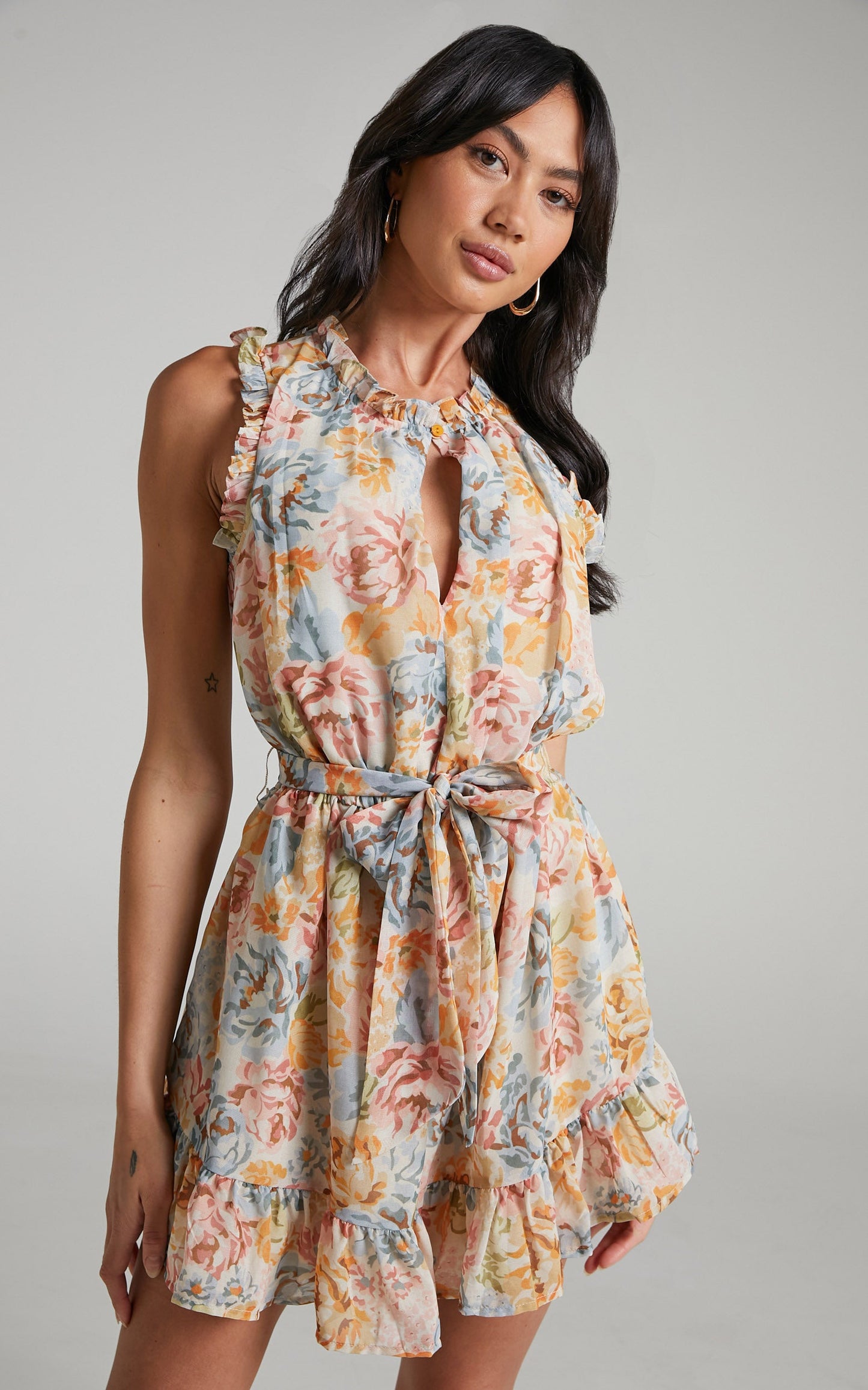 Daramay High Neck Frill Detail Mini  Dress in Pink