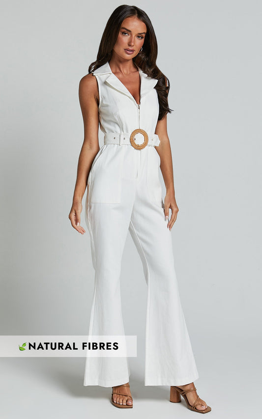 Darian Jumpsuit - Collared Zip Front Belted Jumpsuit in Off White