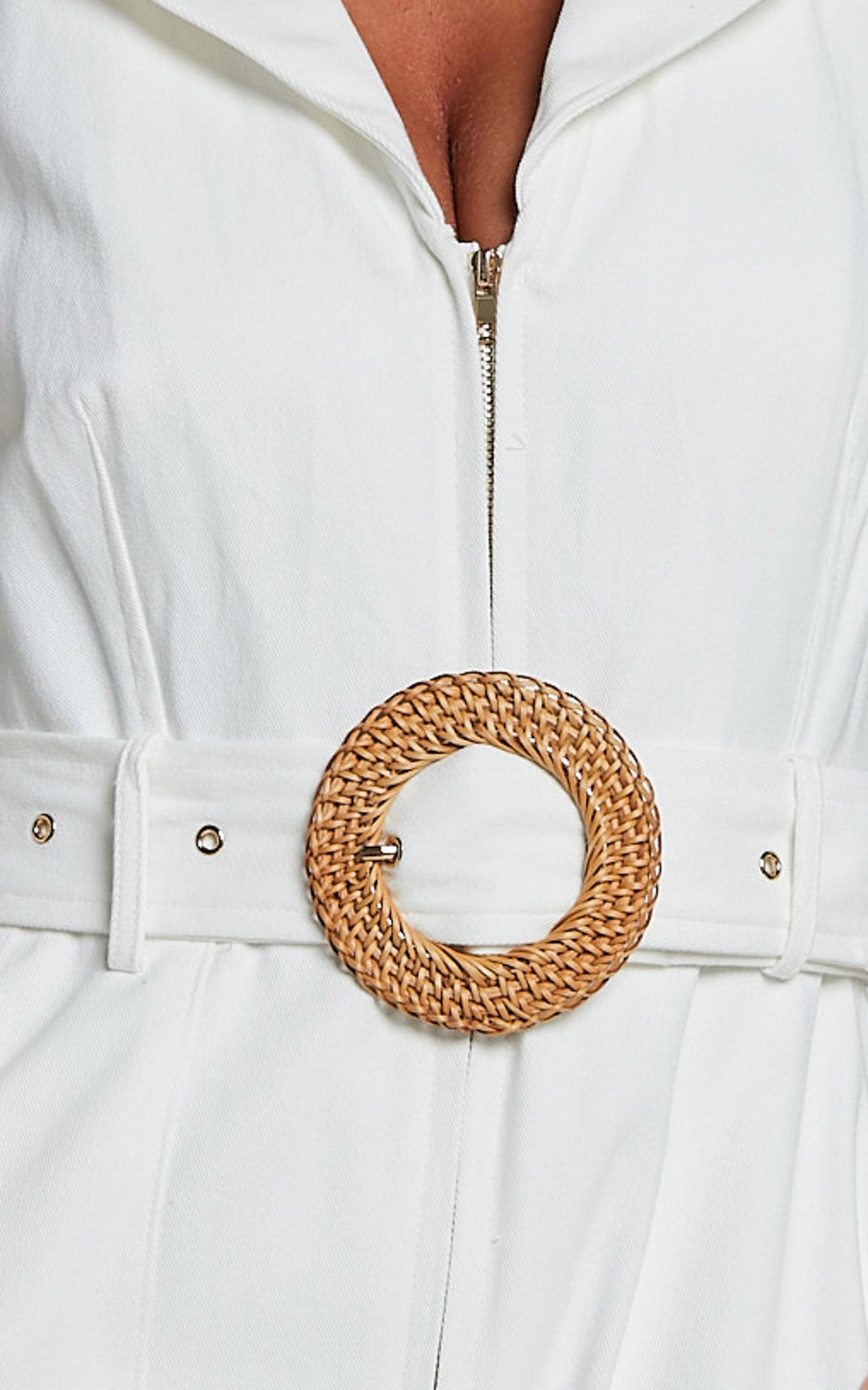 Darian Jumpsuit - Collared Zip Front Belted Jumpsuit in Off White