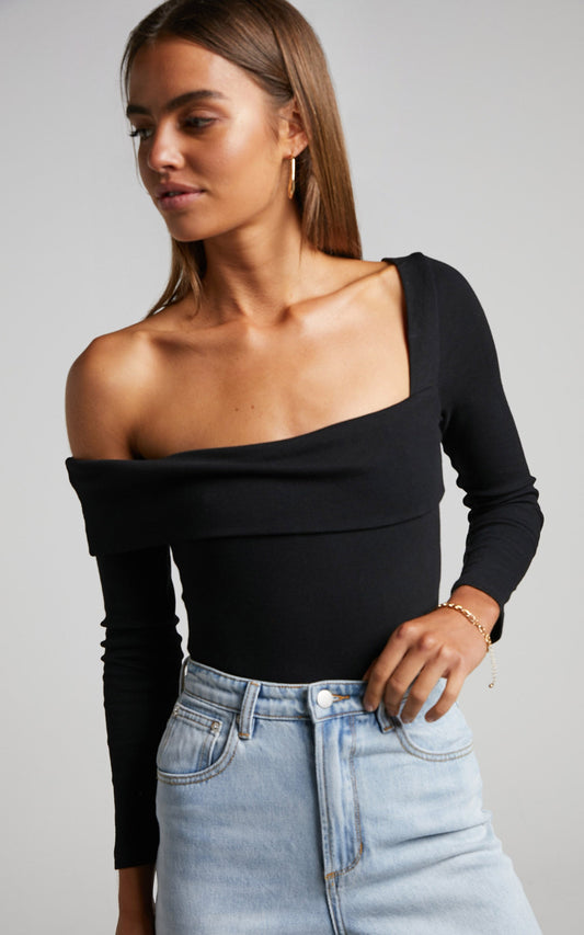 Darius Bodysuit - One Shoulder Long Sleeve Bodysuit in Black
