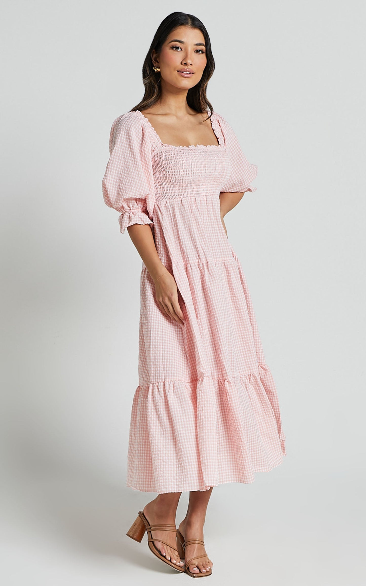Darlene Midi Dress - Square Neck Long Sleeve Tiered Dress in Rose Gingham Check