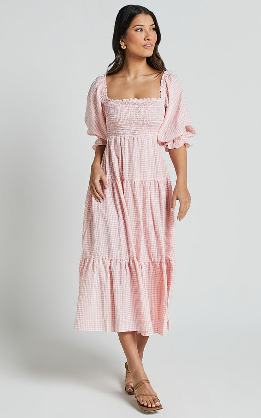 Darlene Midi Dress - Square Neck Long Sleeve Tiered Dress in Rose Gingham Check