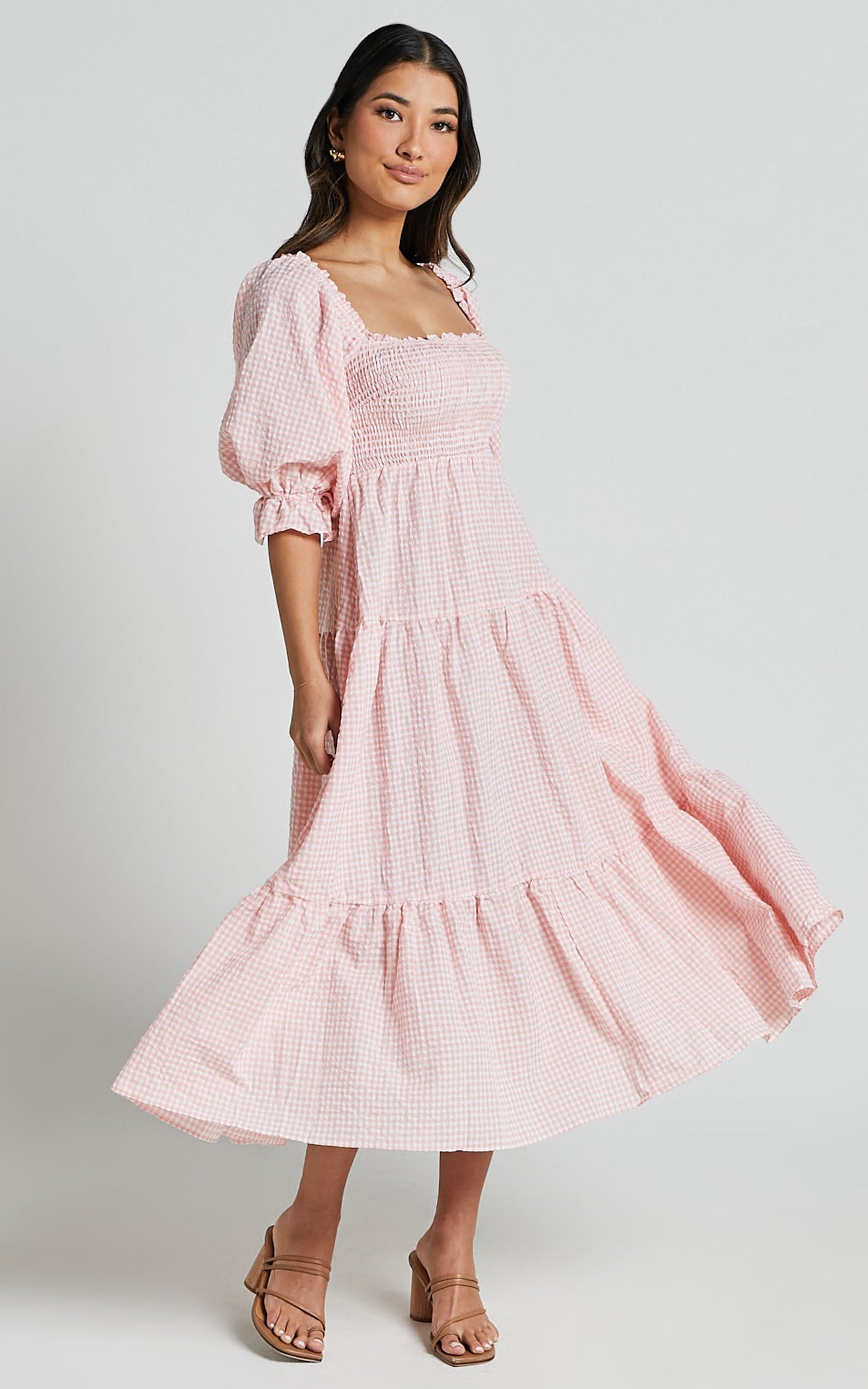 Darlene Midi Dress - Square Neck Long Sleeve Tiered Dress in Rose Gingham Check