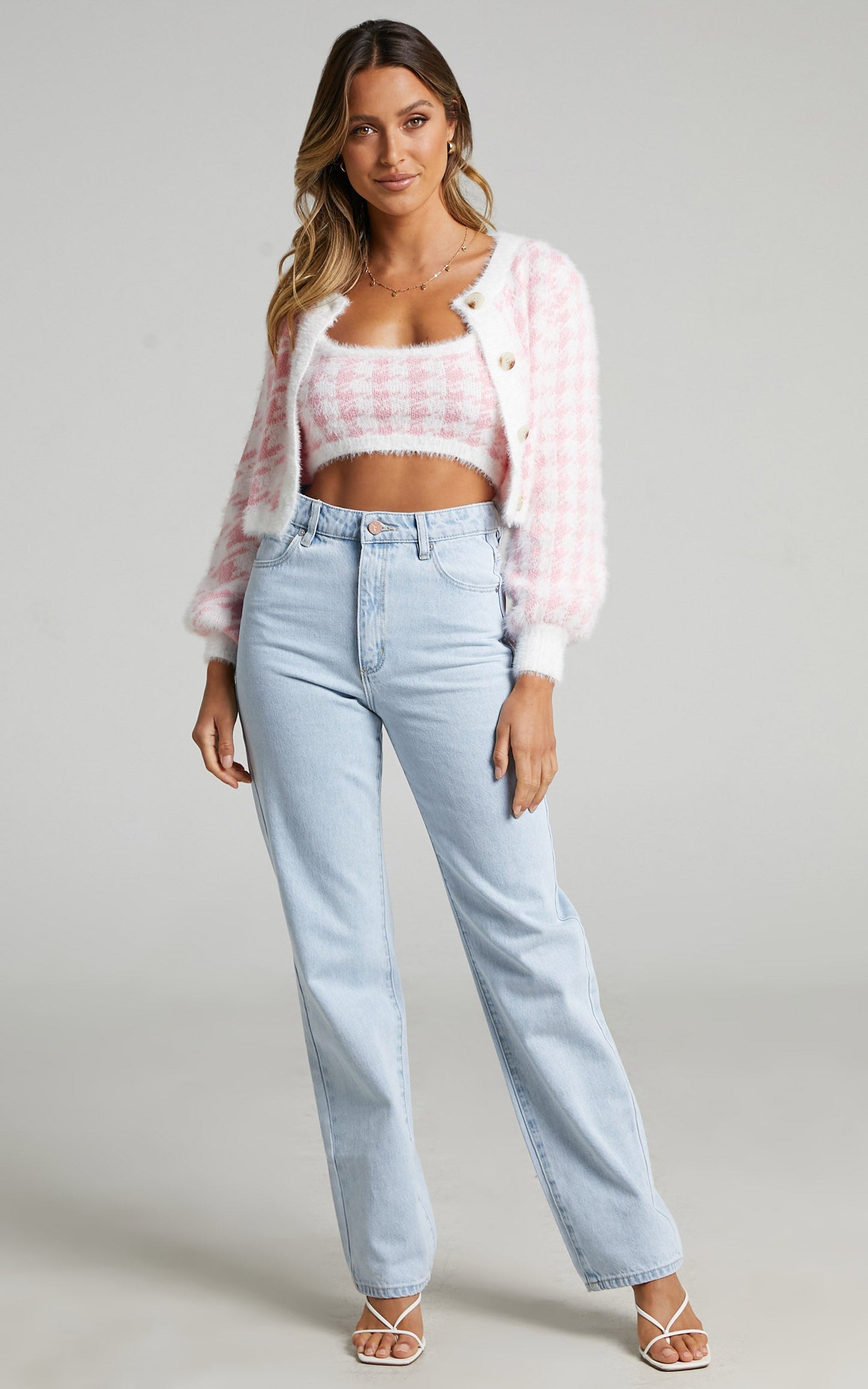 Darshni Cardigan Two Piece Set in Pink Check