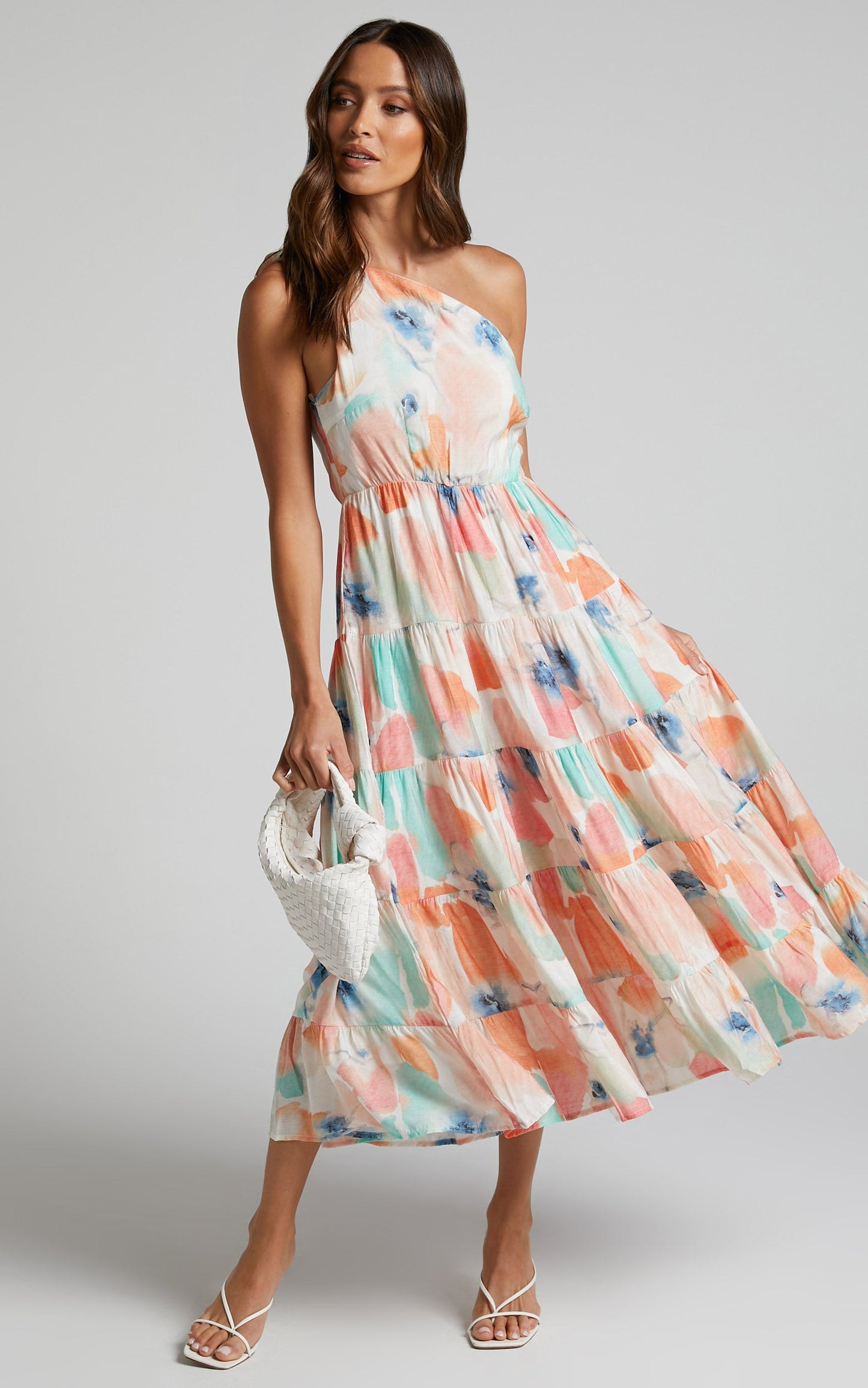Dawn Maxi Dress - One Shoulder Tiered Dress in White Floral