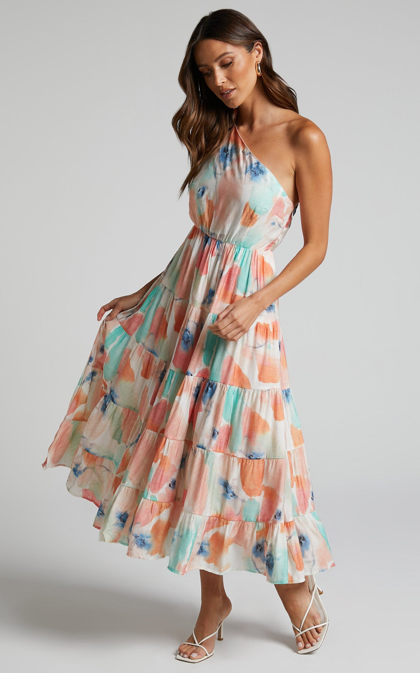 Dawn Maxi Dress - One Shoulder Tiered Dress in White Floral