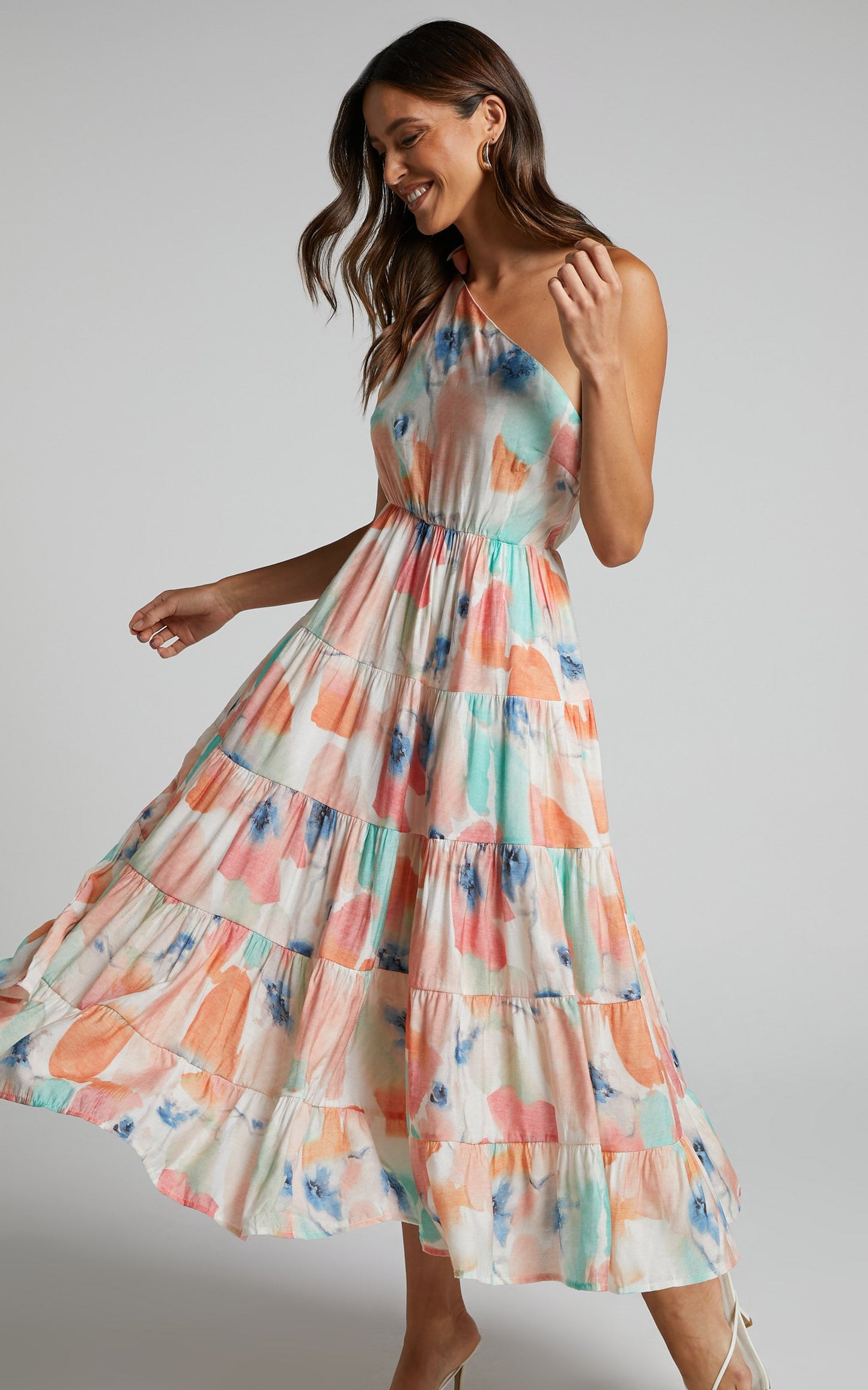 Dawn Maxi Dress - One Shoulder Tiered Dress in White Floral