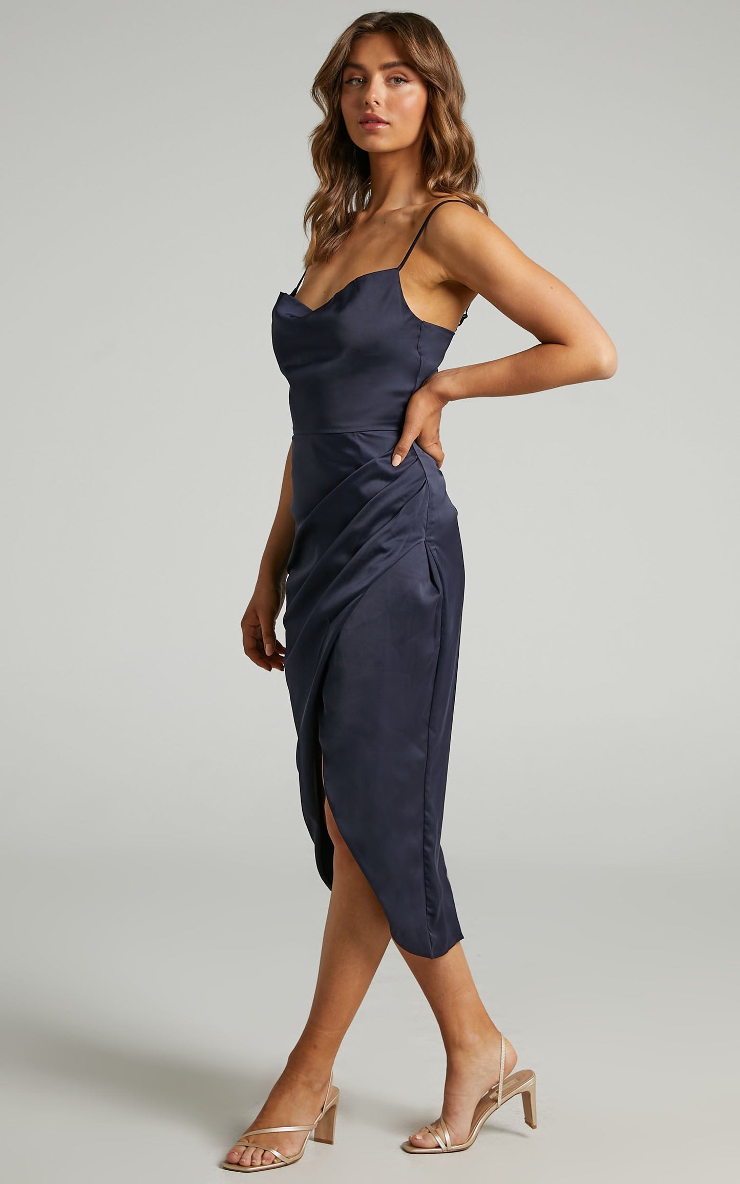 Dazzling Lights Midi Dress - Cowl Neck Draped Dress in Navy Satin