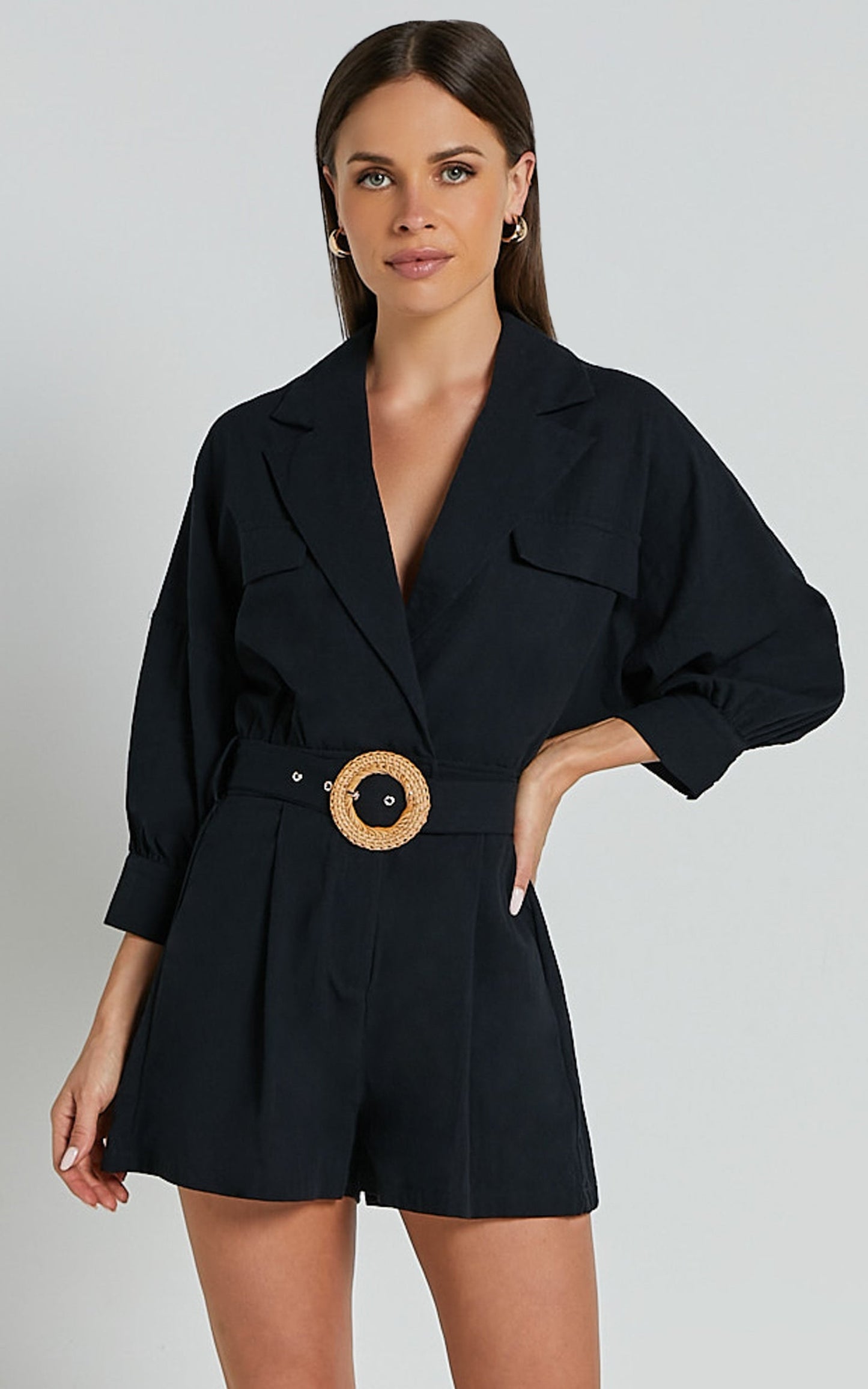 Deacon Playsuit - Collared 3/4 Sleeve Belted Playsuit in Black