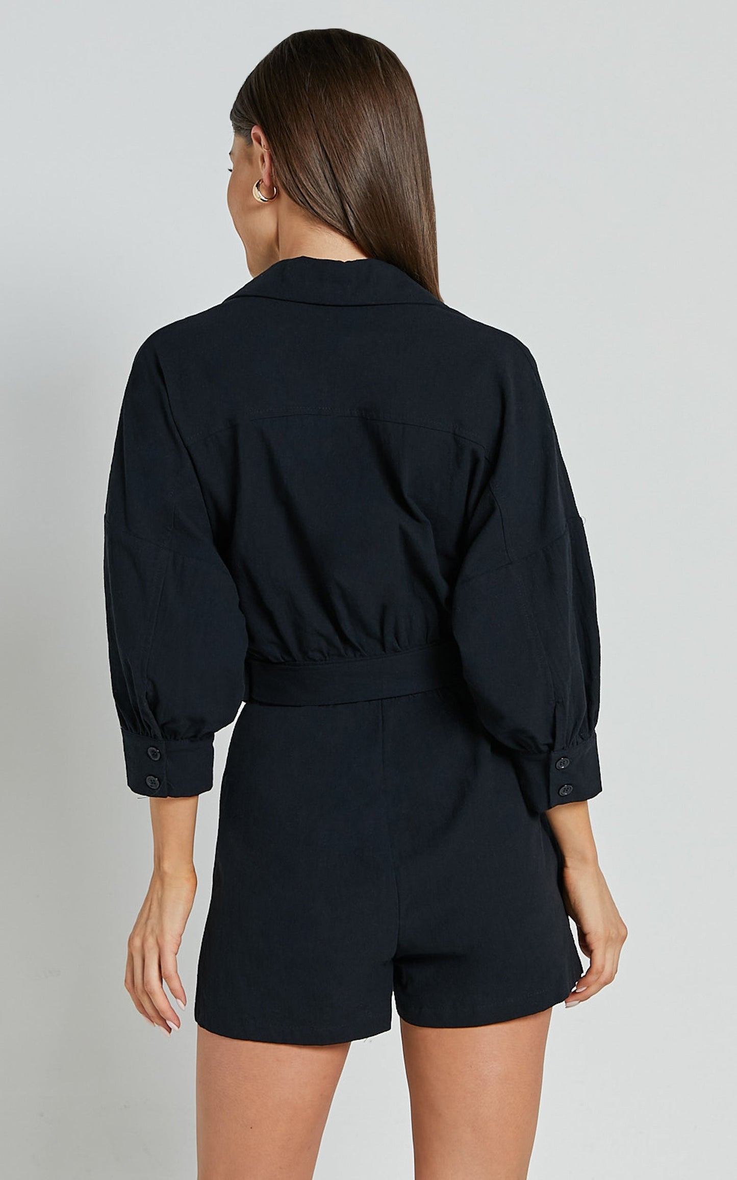 Deacon Playsuit - Collared 3/4 Sleeve Belted Playsuit in Black