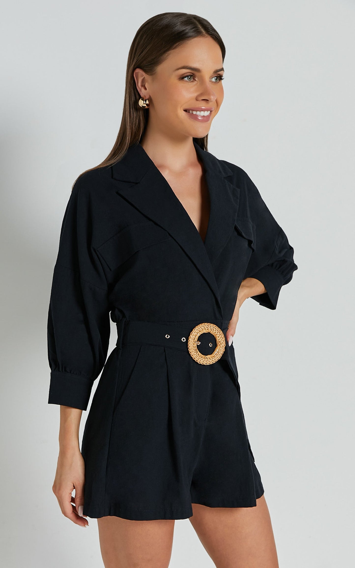 Deacon Playsuit - Collared 3/4 Sleeve Belted Playsuit in Black