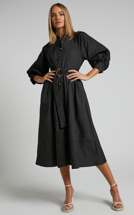 Deandra Midi Dress - Button Up Long Sleeve Belted Dress in Black