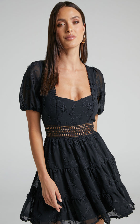 Deiene Mini Dress - Lace Trim Broderie Tiered Dress in Black