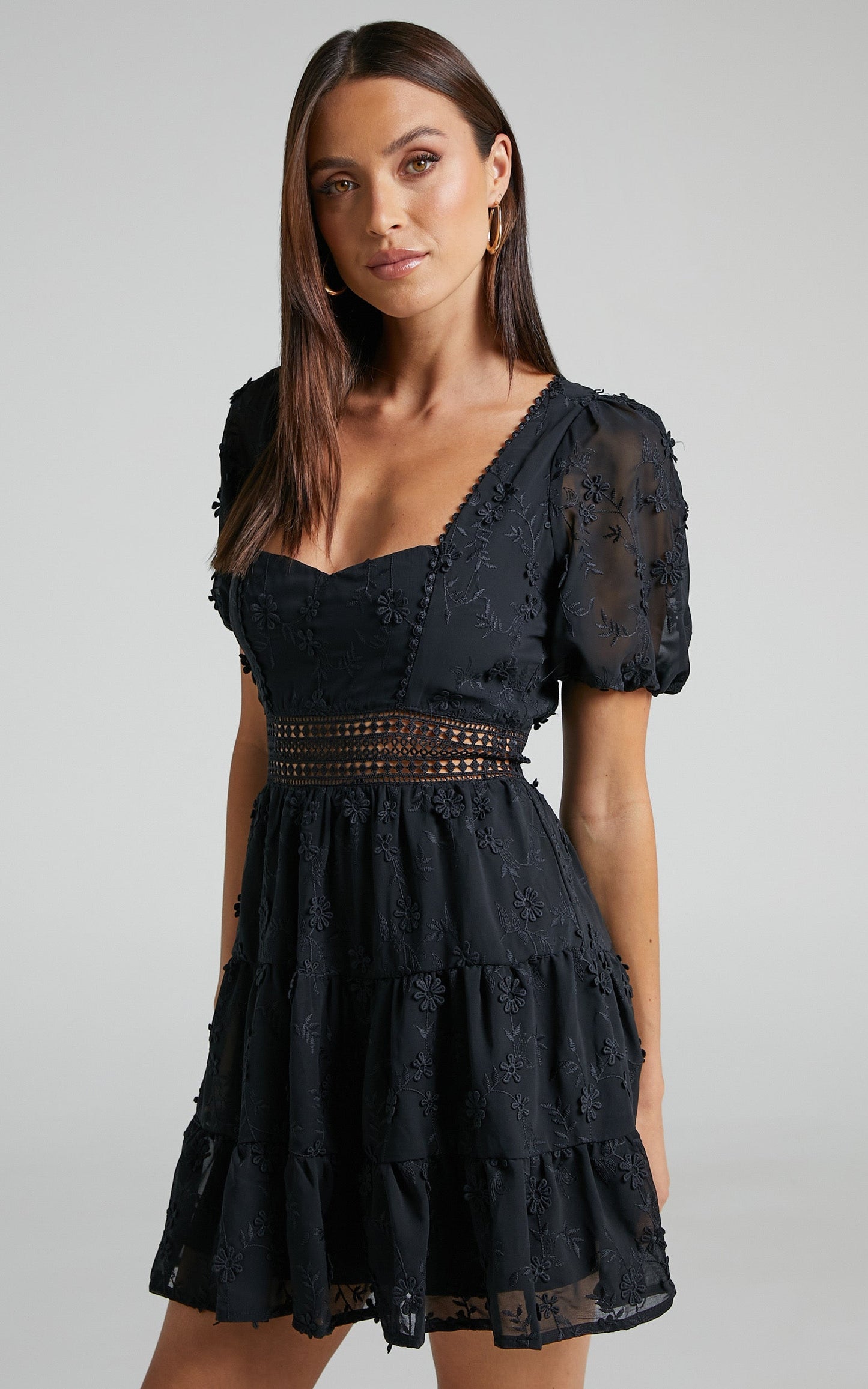 Deiene Mini Dress - Lace Trim Broderie Tiered Dress in Black