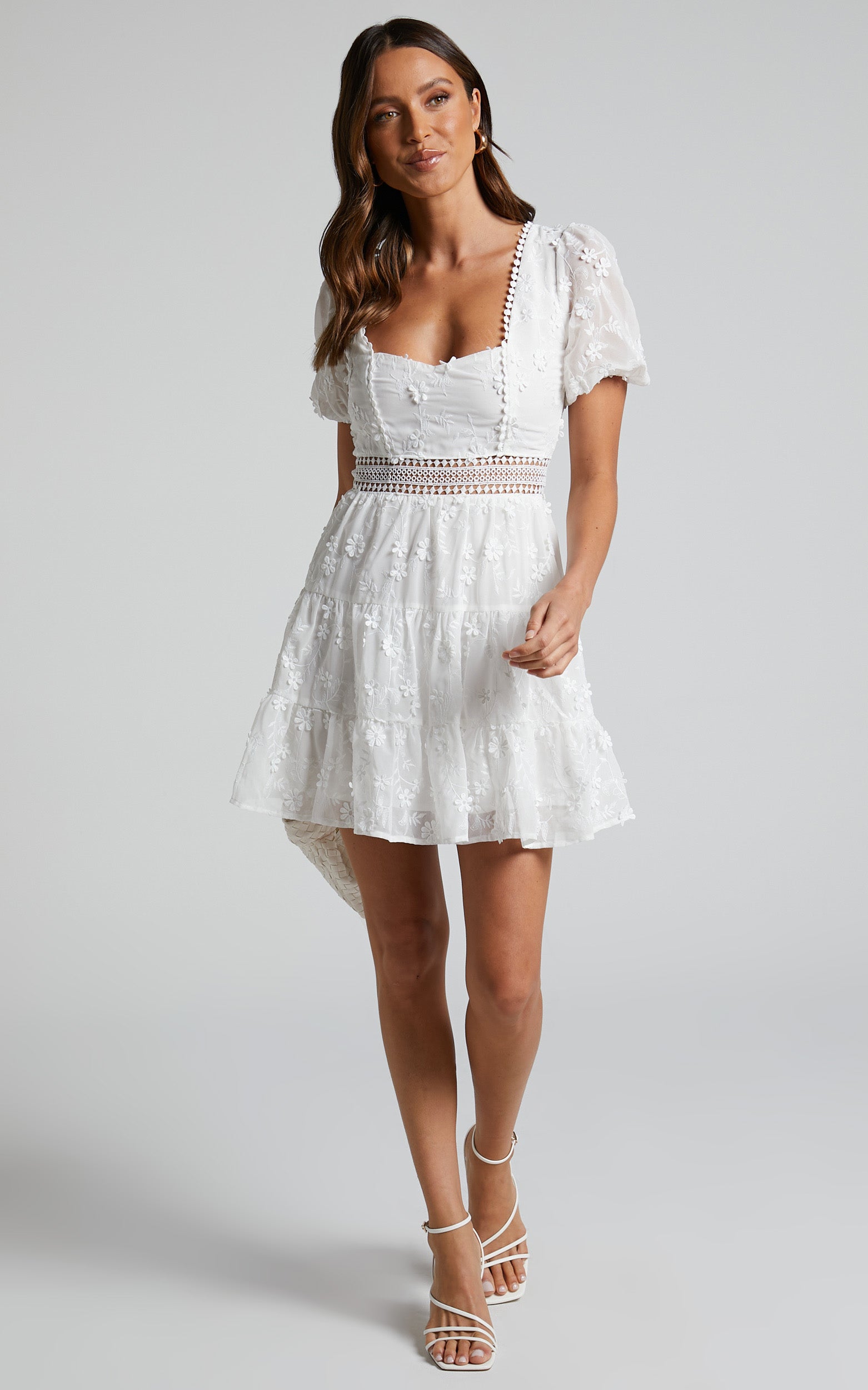 Deiene Mini Dress - Lace Trim Broderie Tiered Dress in White