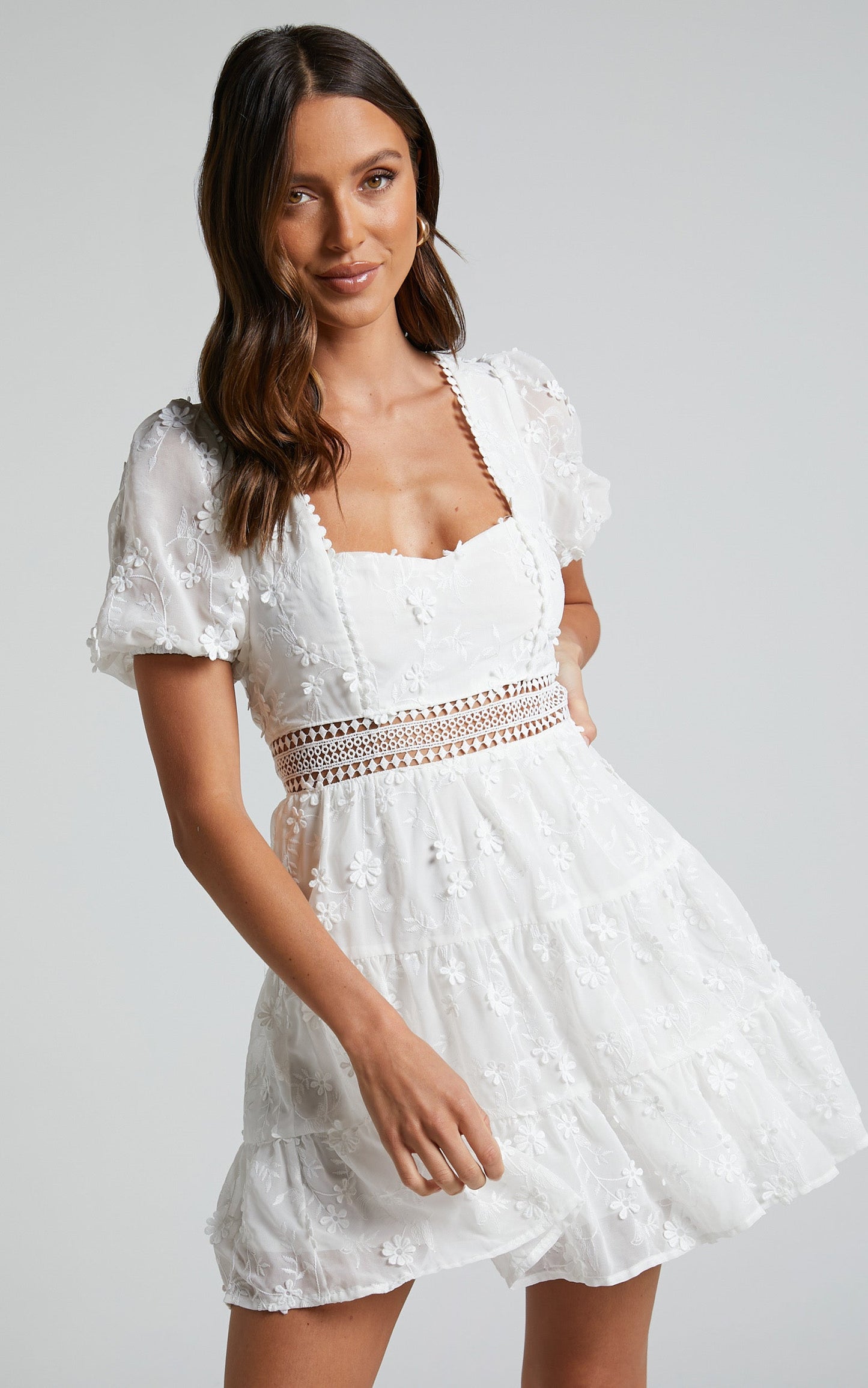 Deiene Mini Dress - Lace Trim Broderie Tiered Dress in White