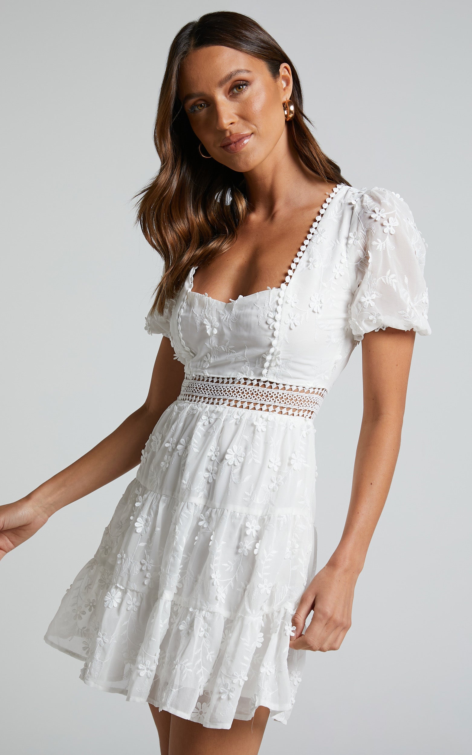 Deiene Mini Dress - Lace Trim Broderie Tiered Dress in White