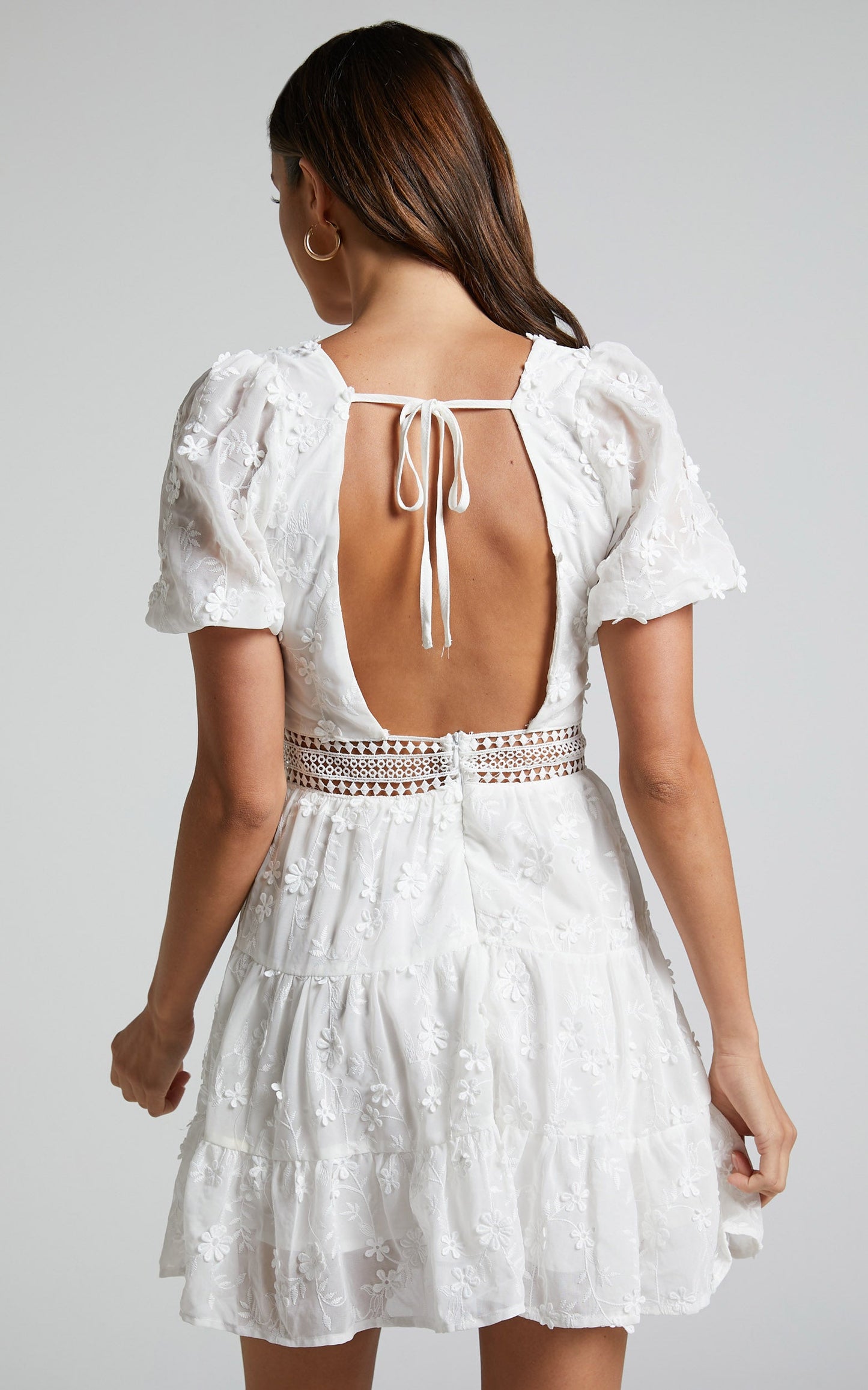Deiene Mini Dress - Lace Trim Broderie Tiered Dress in White
