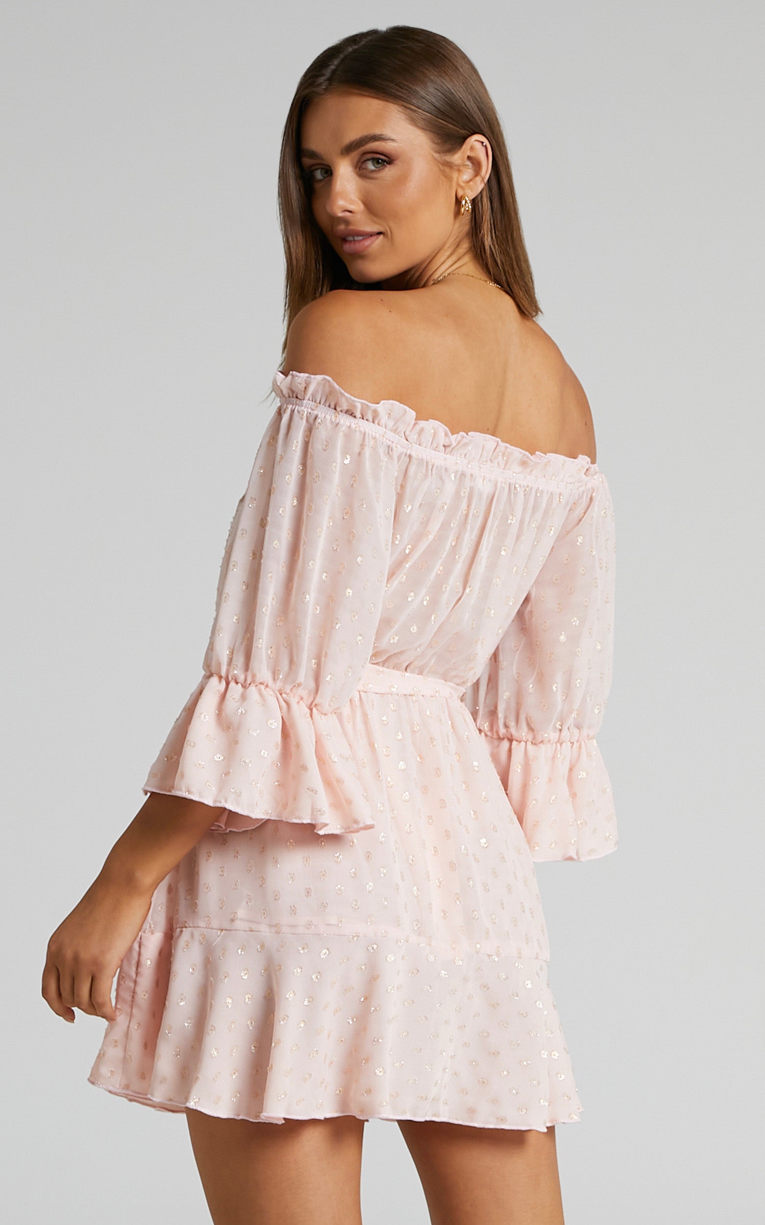Delamaer Mini Dress - Off Shoulder Polka Dot Dress in Pink