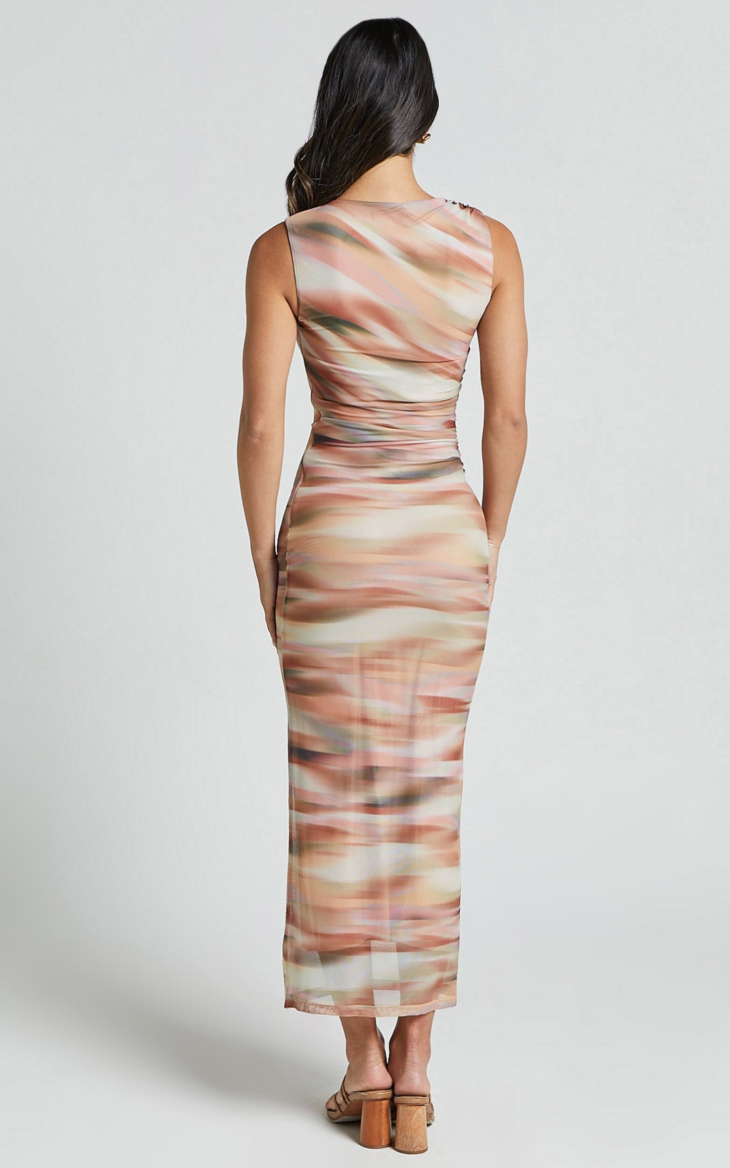 Delia Midi Dress - Scoop Neck Bodycon Mesh Dress in Neutral Wave Print