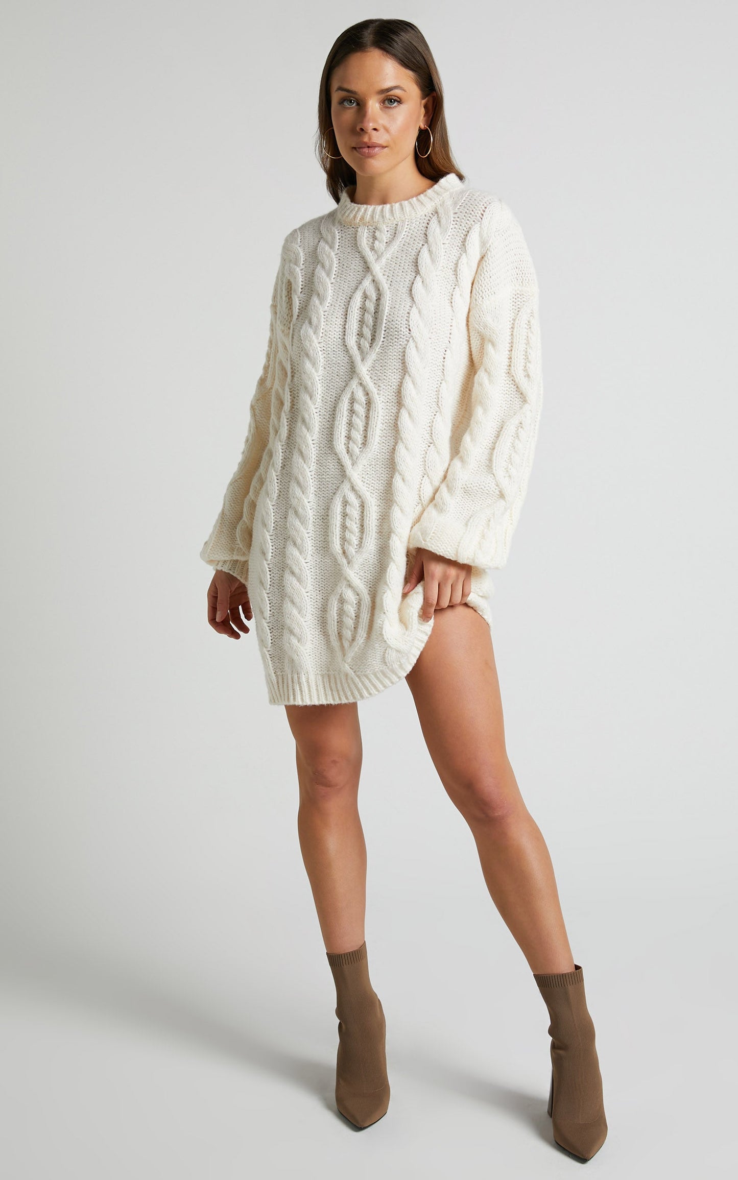 Deliah Mini Dress - Cable Knit Sweater Dress in Cream