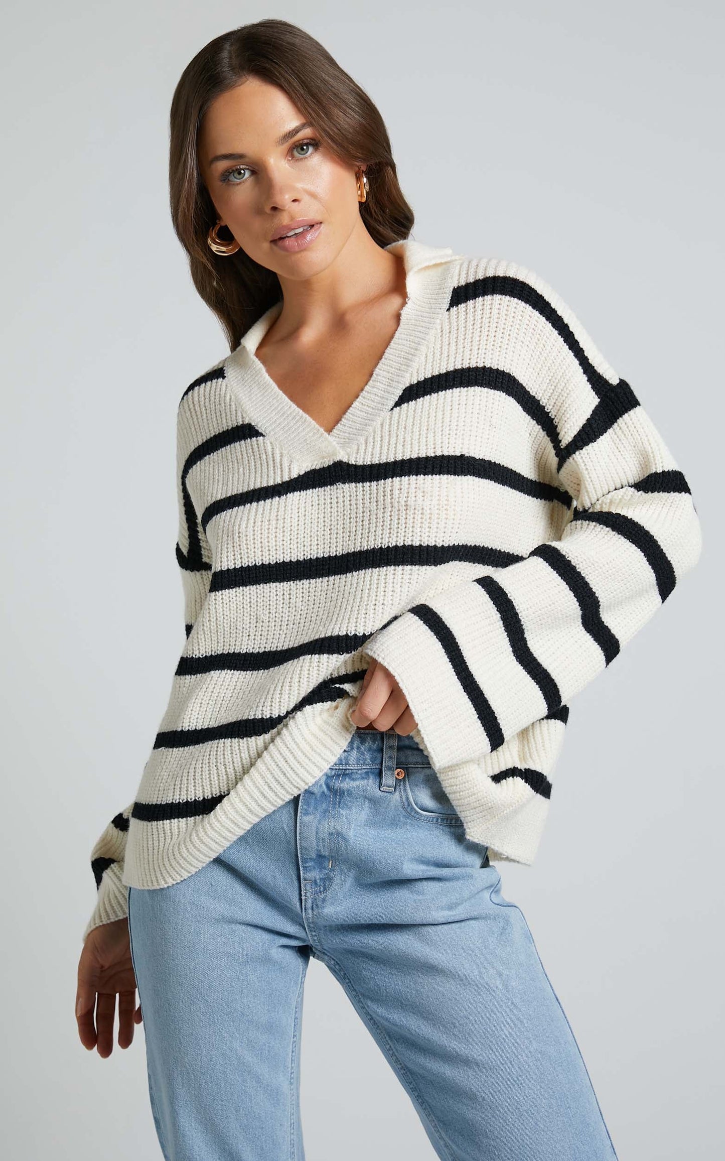 Deliah Jumper - V Neck Collared Stripe Knit Jumper in Cream & Black Stripe