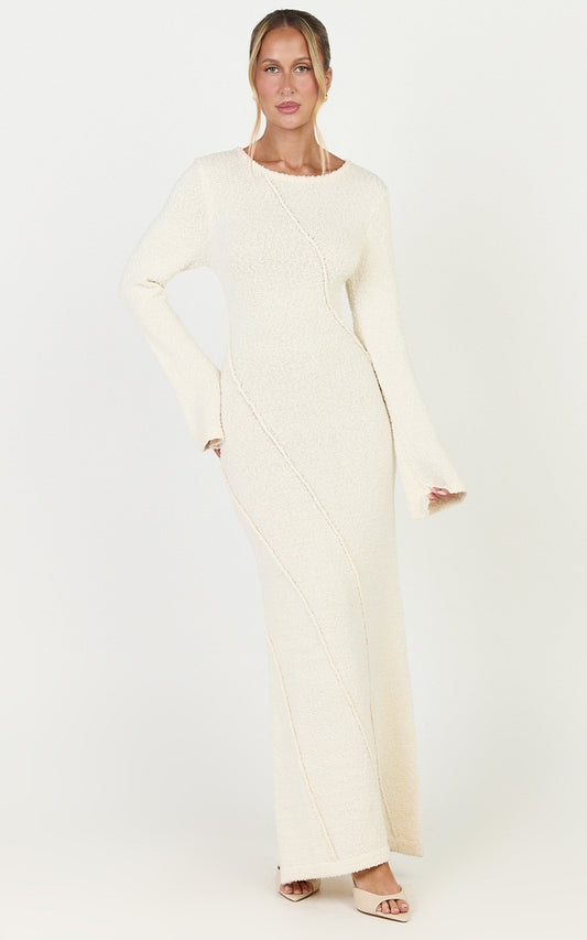 Delilah Maxi Dress - Long Sleeve Seam Detail Boucle Knit Dress in Cream