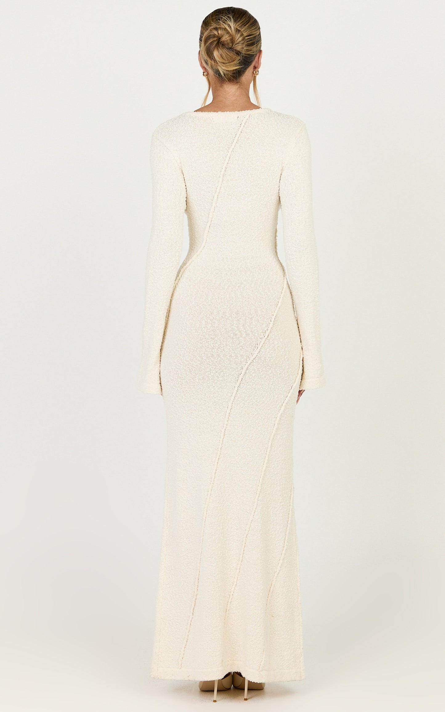 Delilah Maxi Dress - Long Sleeve Seam Detail Boucle Knit Dress in Cream