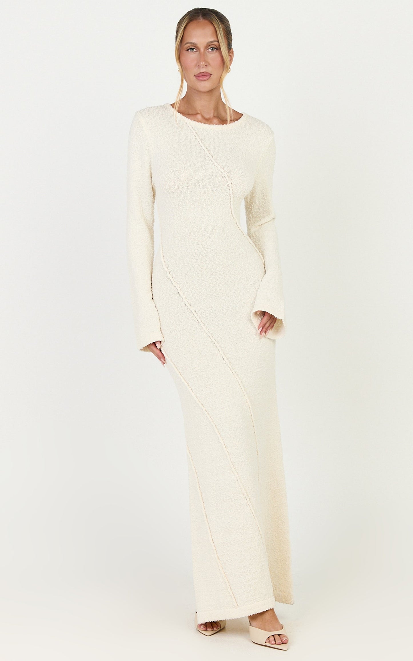 Delilah Maxi Dress - Long Sleeve Seam Detail Boucle Knit Dress in Cream