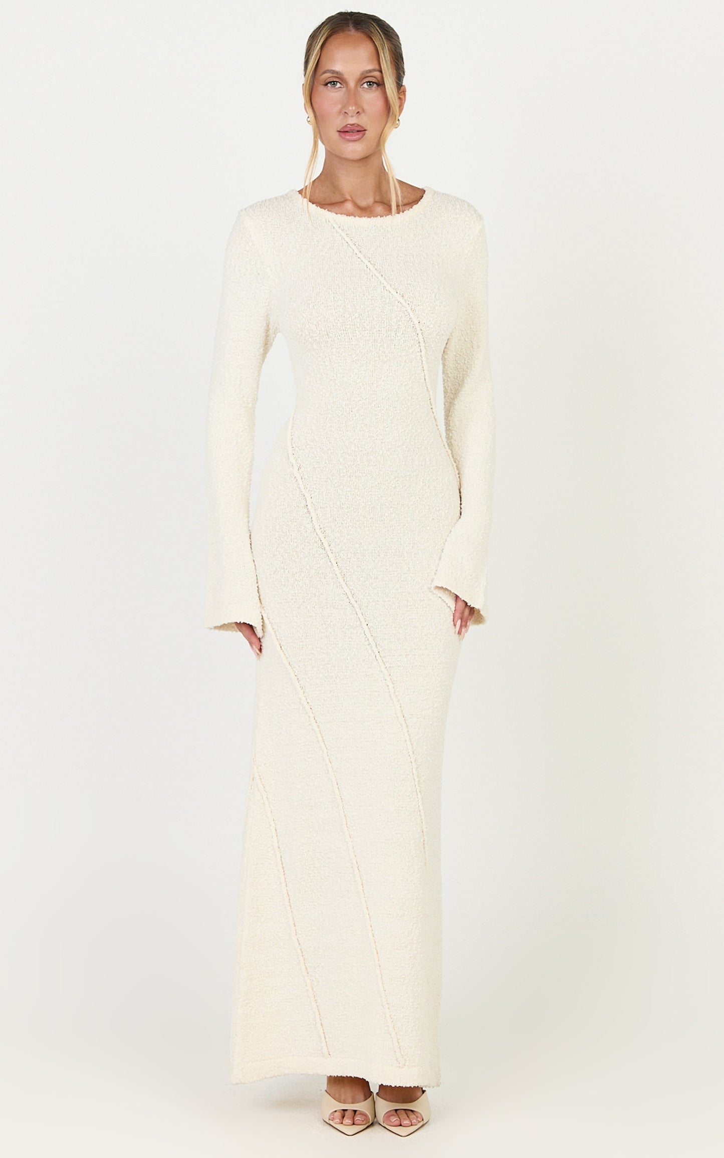 Delilah Maxi Dress - Long Sleeve Seam Detail Boucle Knit Dress in Cream