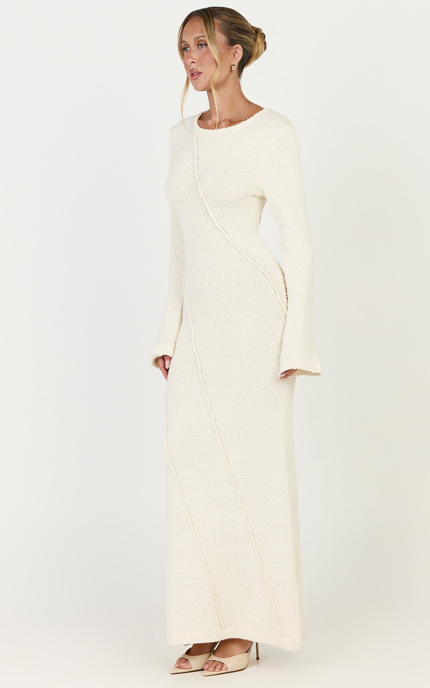 Delilah Maxi Dress - Long Sleeve Seam Detail Boucle Knit Dress in Cream