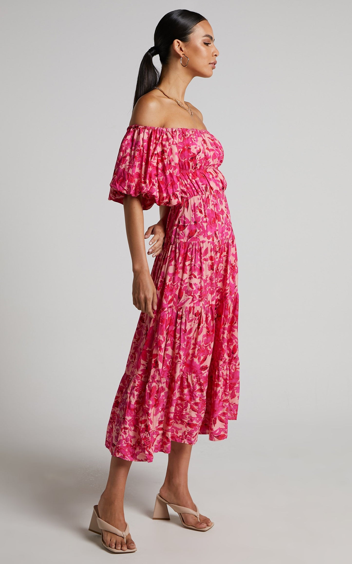 Delilah Midi Dress - Off Shoulder Puff Sleeve Tiered Dress in Pink Floral