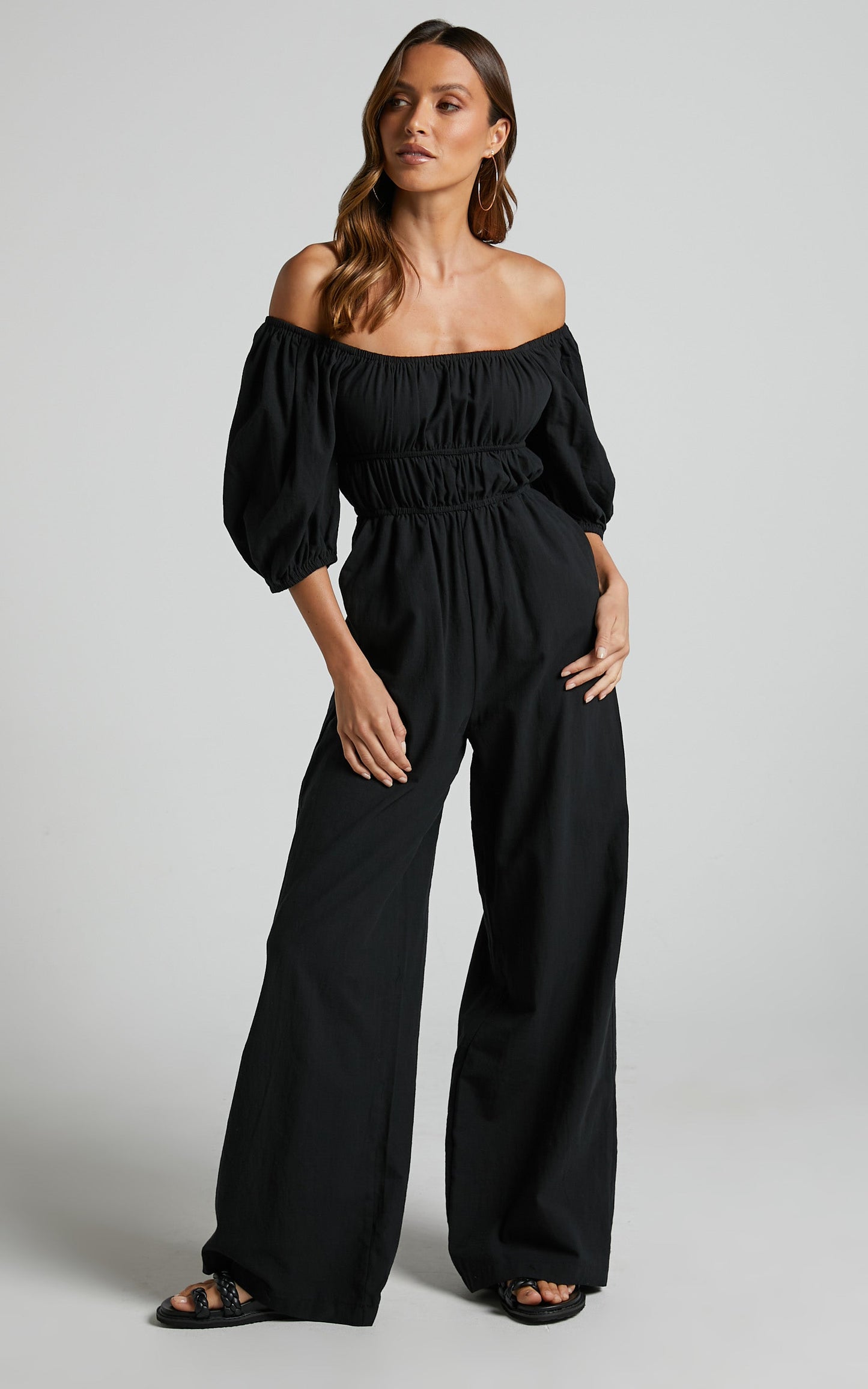 Delmore Jumpsuit - Off Shoulder Ruched Bodice Wide Leg Jumpsuit in Black