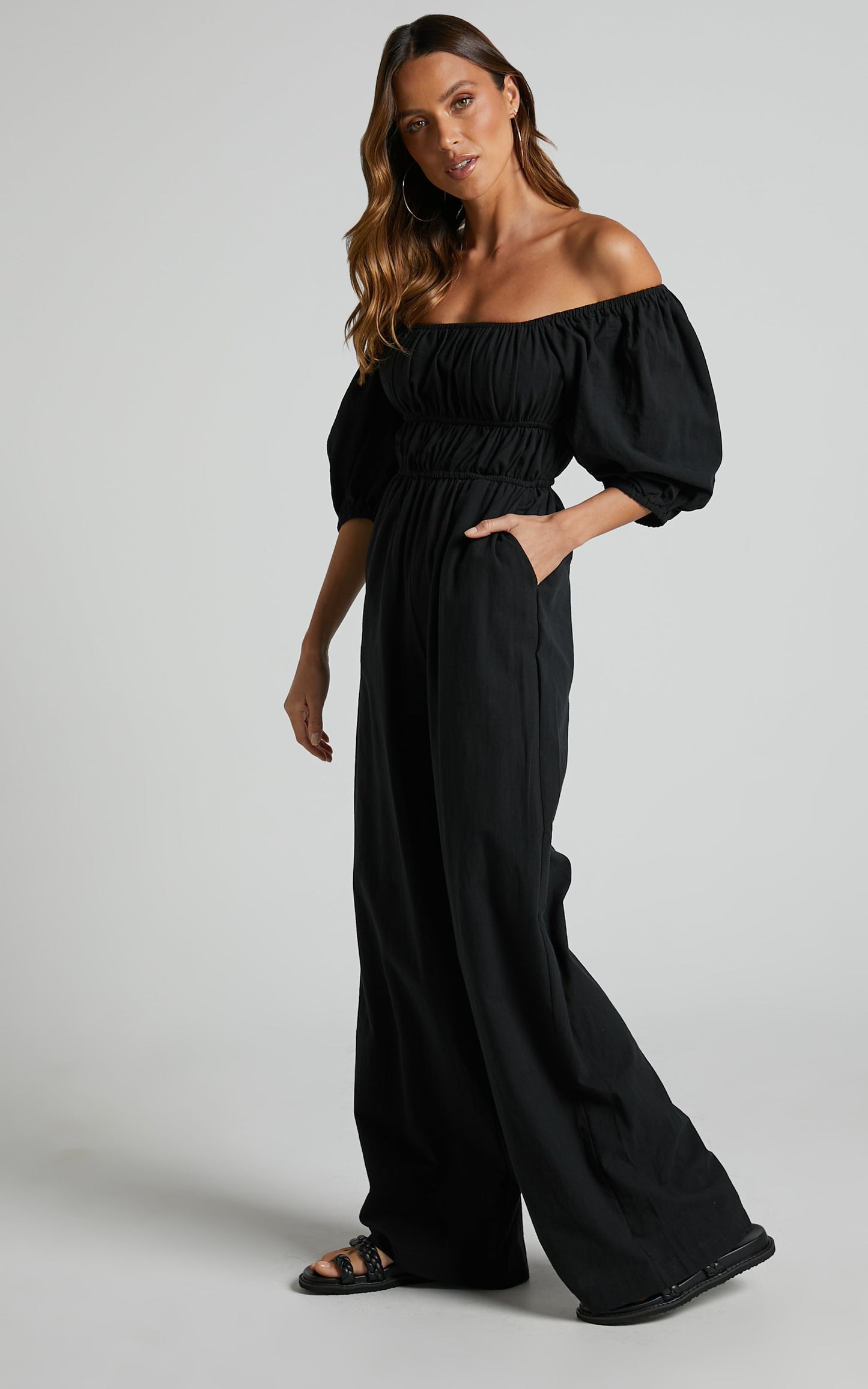 Delmore Jumpsuit - Off Shoulder Ruched Bodice Wide Leg Jumpsuit in Black