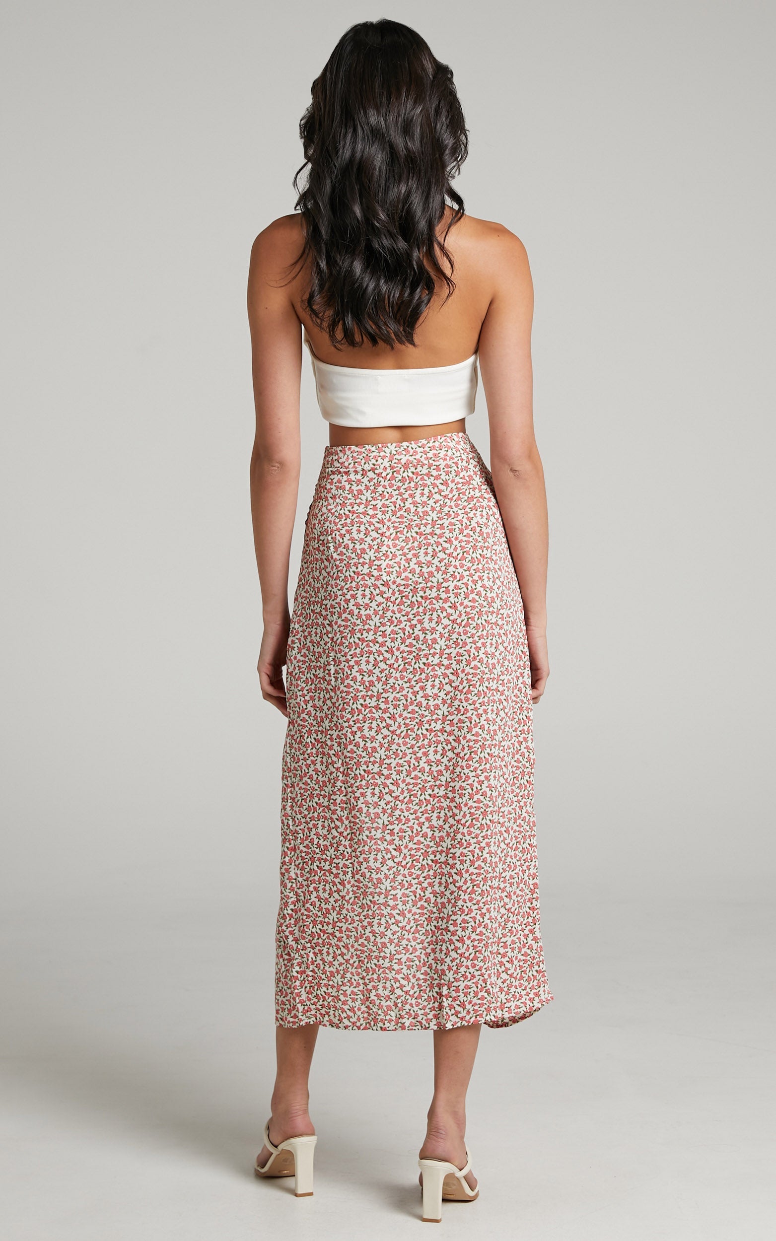 Demieh Wrap Style Midi Skirt in White Floral