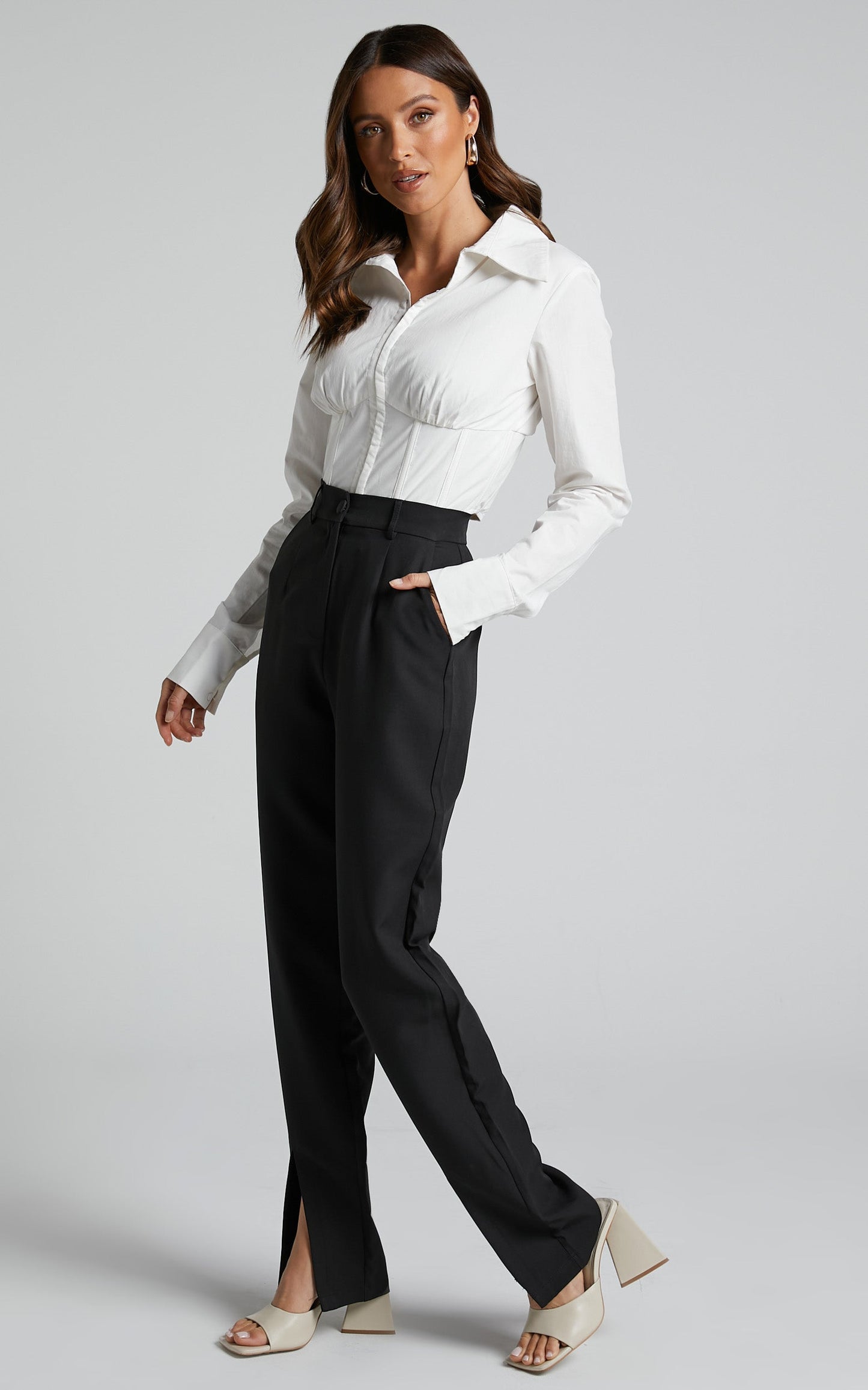 Denali Trousers - Split Hem High Waisted Straight Leg Trousers in Black