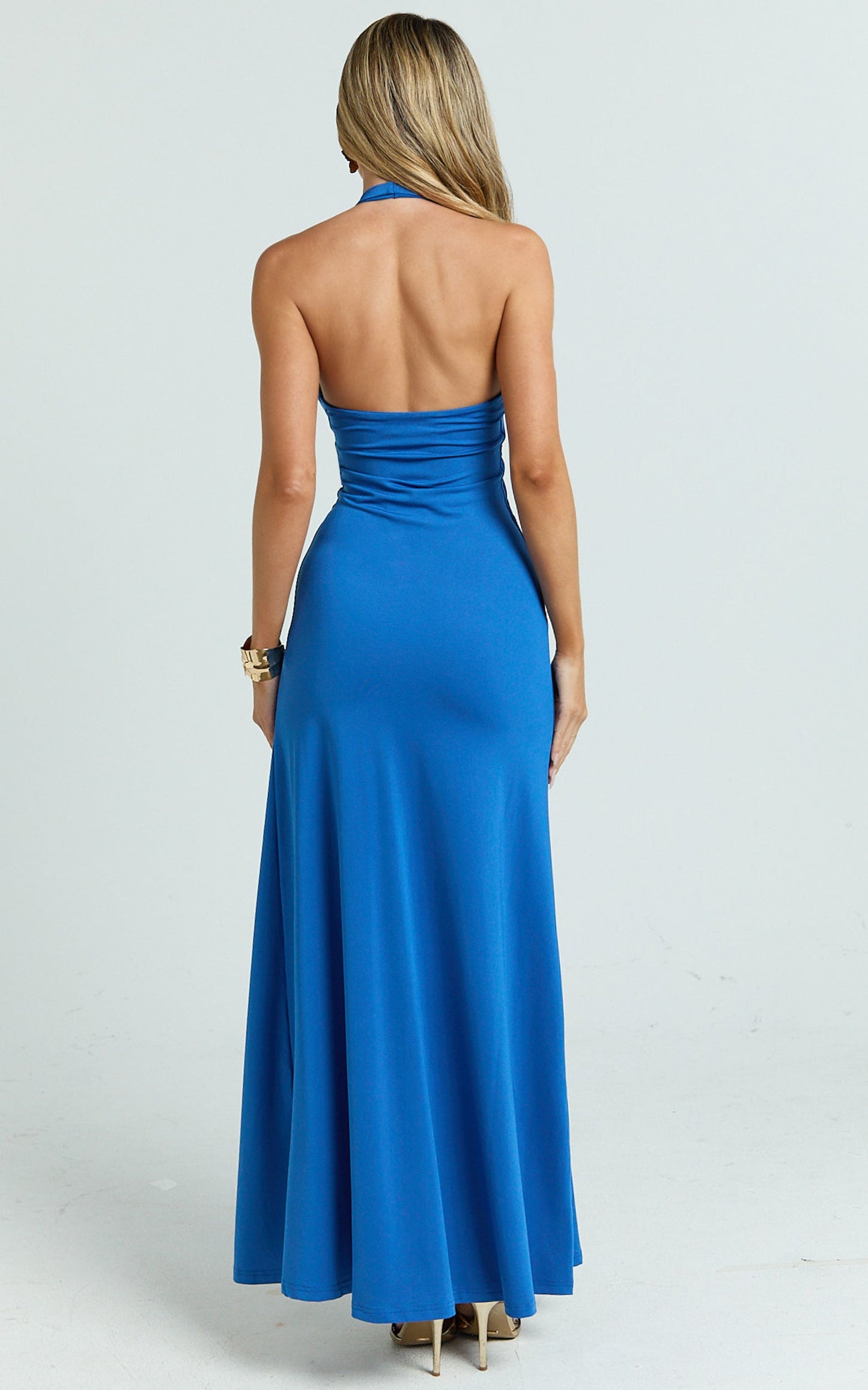 Denise Maxi Dress - Halter U Ruched Neck Cut Out Jersey Dress in Blue
