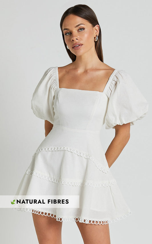 Denise Mini Dress - Square Neck Puff Sleeve Lace Detail Dress in White