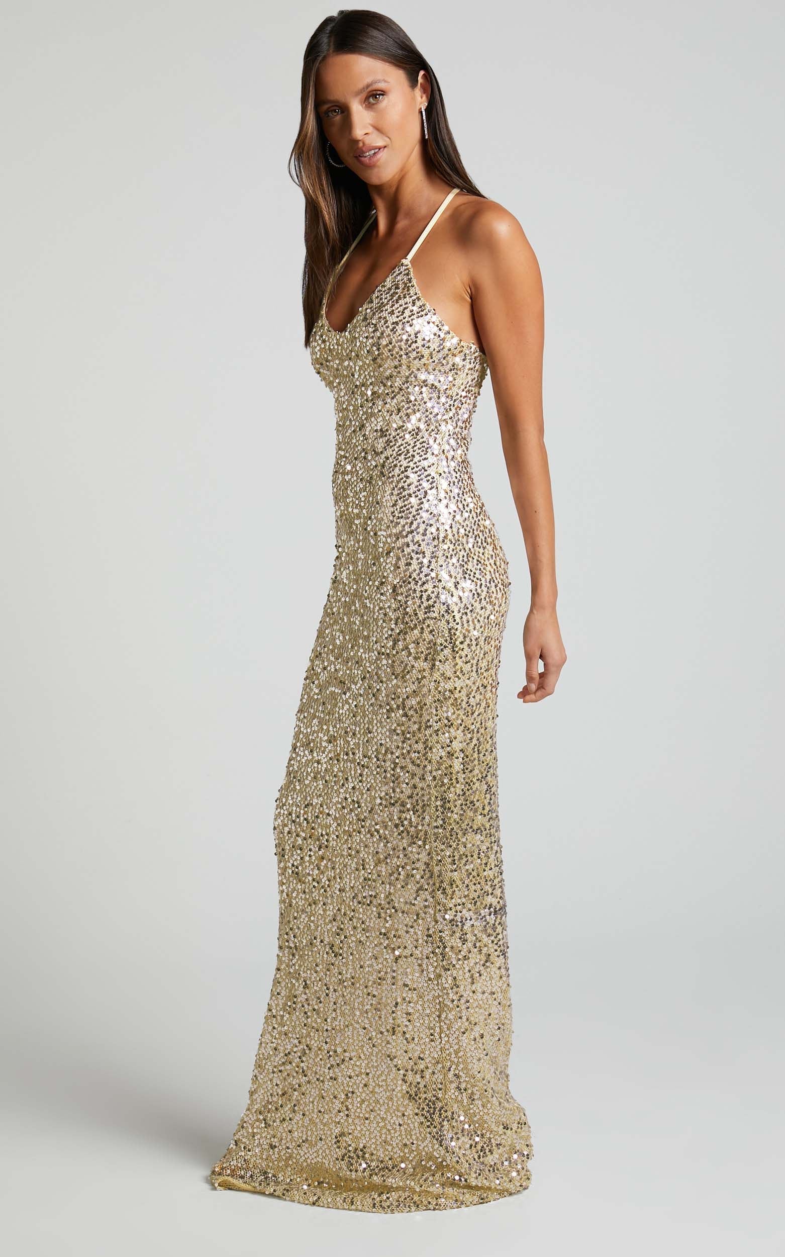 Denise Maxi Dress - Sequin Slip Dress in Champagne