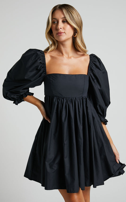 Denise Mini Dress - Square Neck 3/4 Puff Sleeve Babydoll Dress in Black