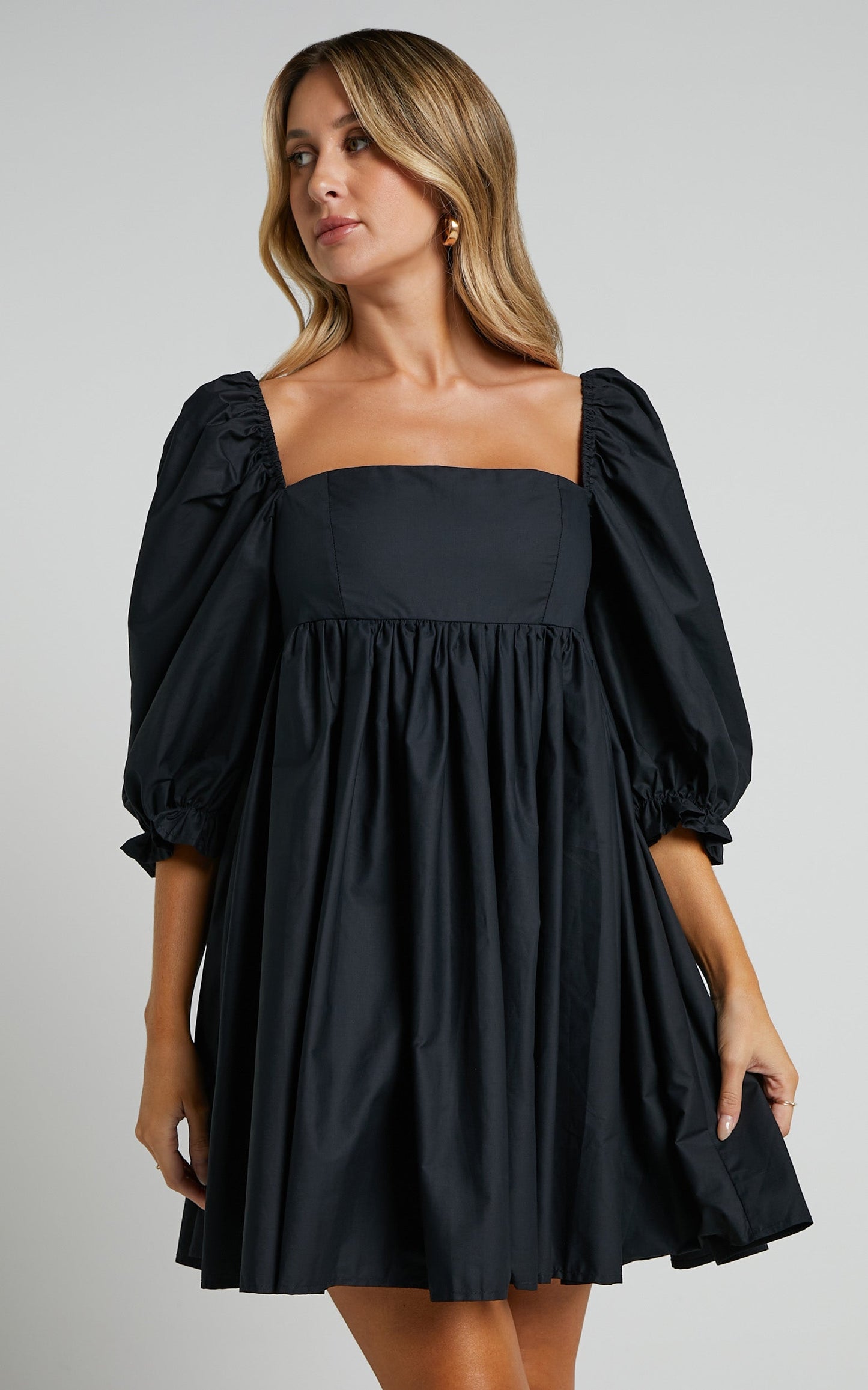 Denise Mini Dress - Square Neck 3/4 Puff Sleeve Babydoll Dress in Black
