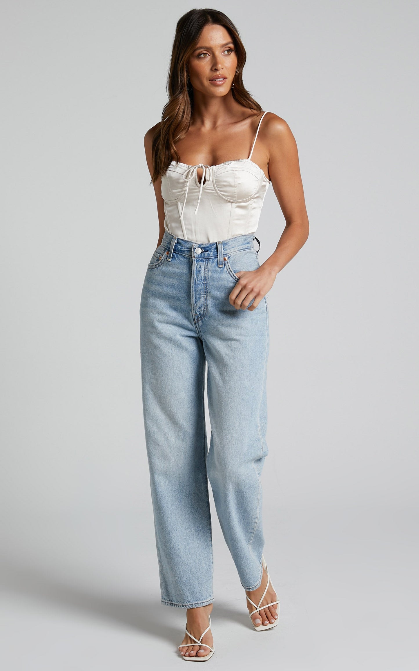Denissa Top - Tie Front Longline Satin Corset Top in Oyster
