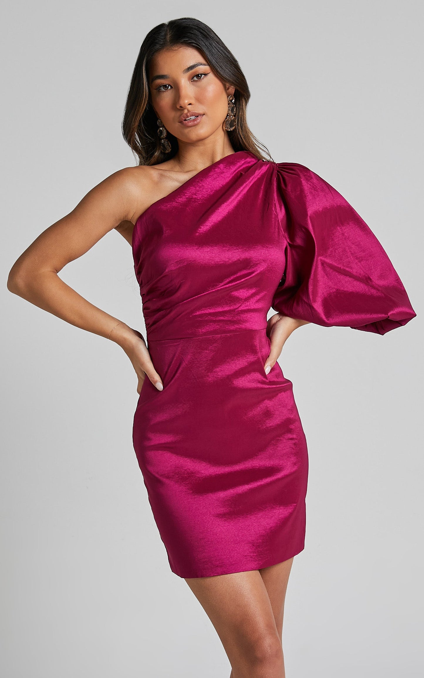 Denjella Mini Dress - 3/4 One Shoulder Puff Sleeve Bodycon Dress in Grape
