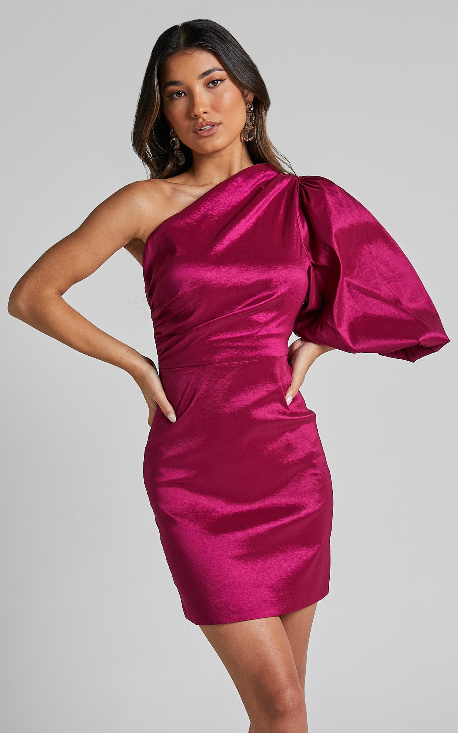 Denjella Mini Dress - 3/4 One Shoulder Puff Sleeve Bodycon Dress in Grape