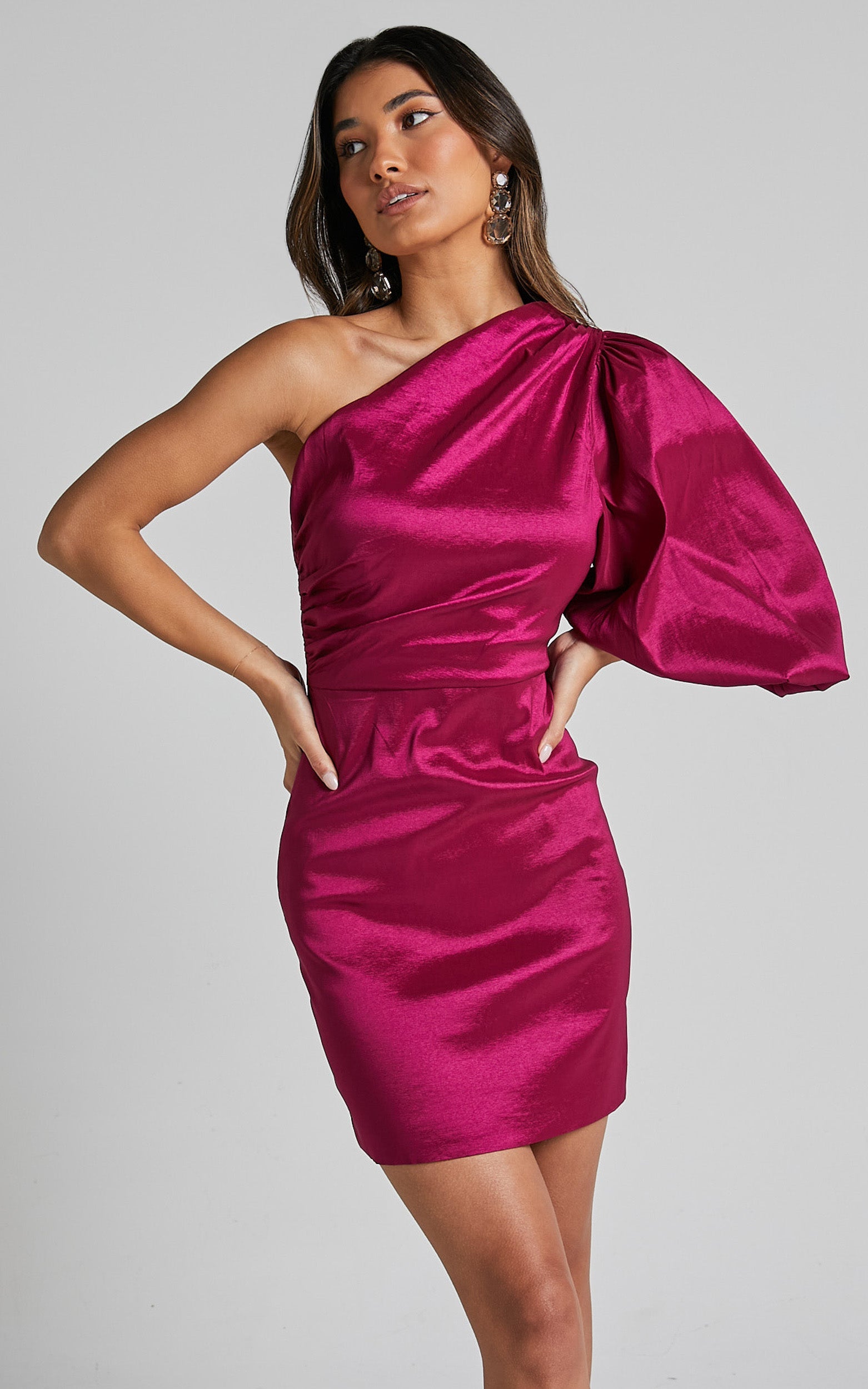 Denjella Mini Dress - 3/4 One Shoulder Puff Sleeve Bodycon Dress in Grape