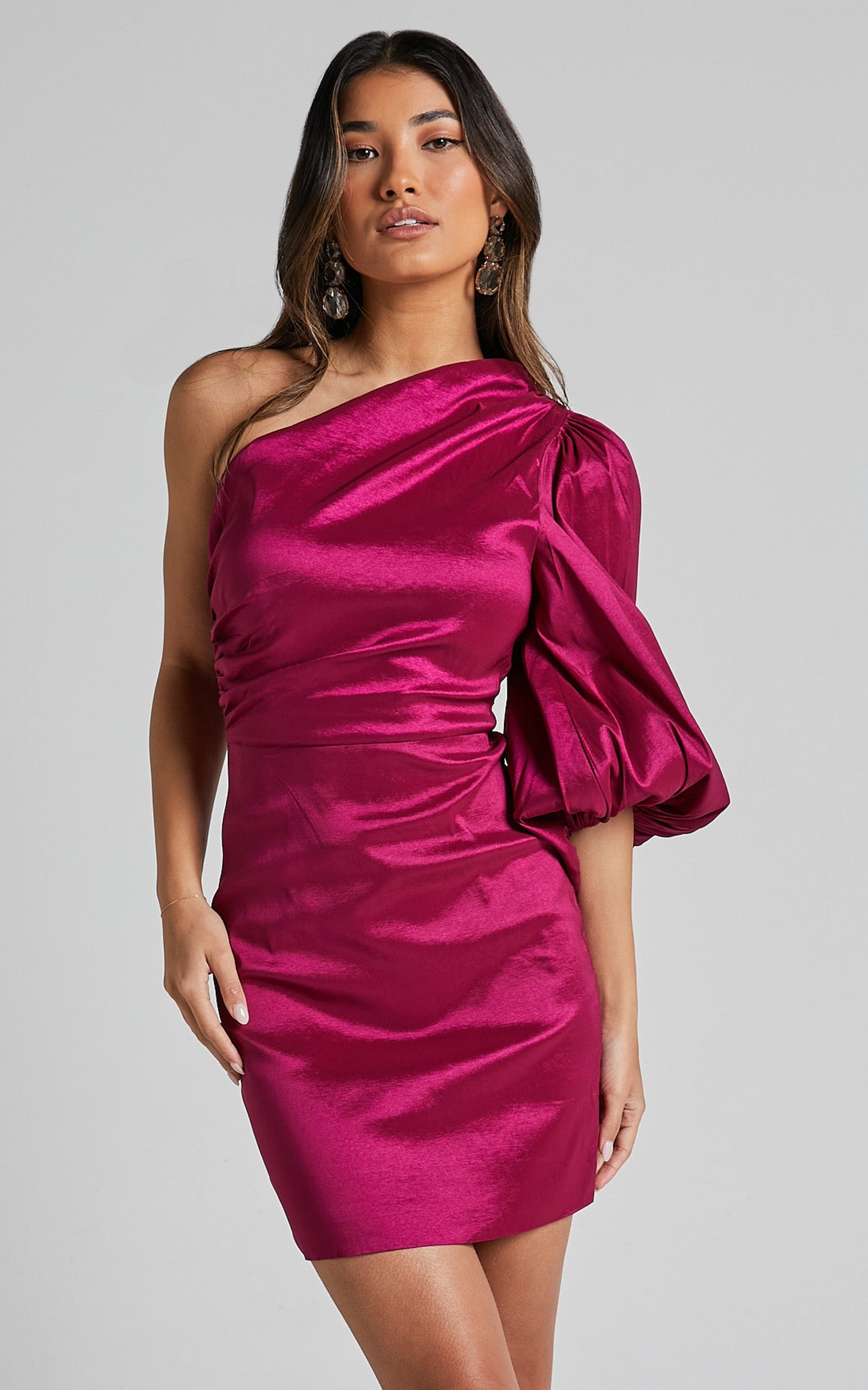 Denjella Mini Dress - 3/4 One Shoulder Puff Sleeve Bodycon Dress in Grape