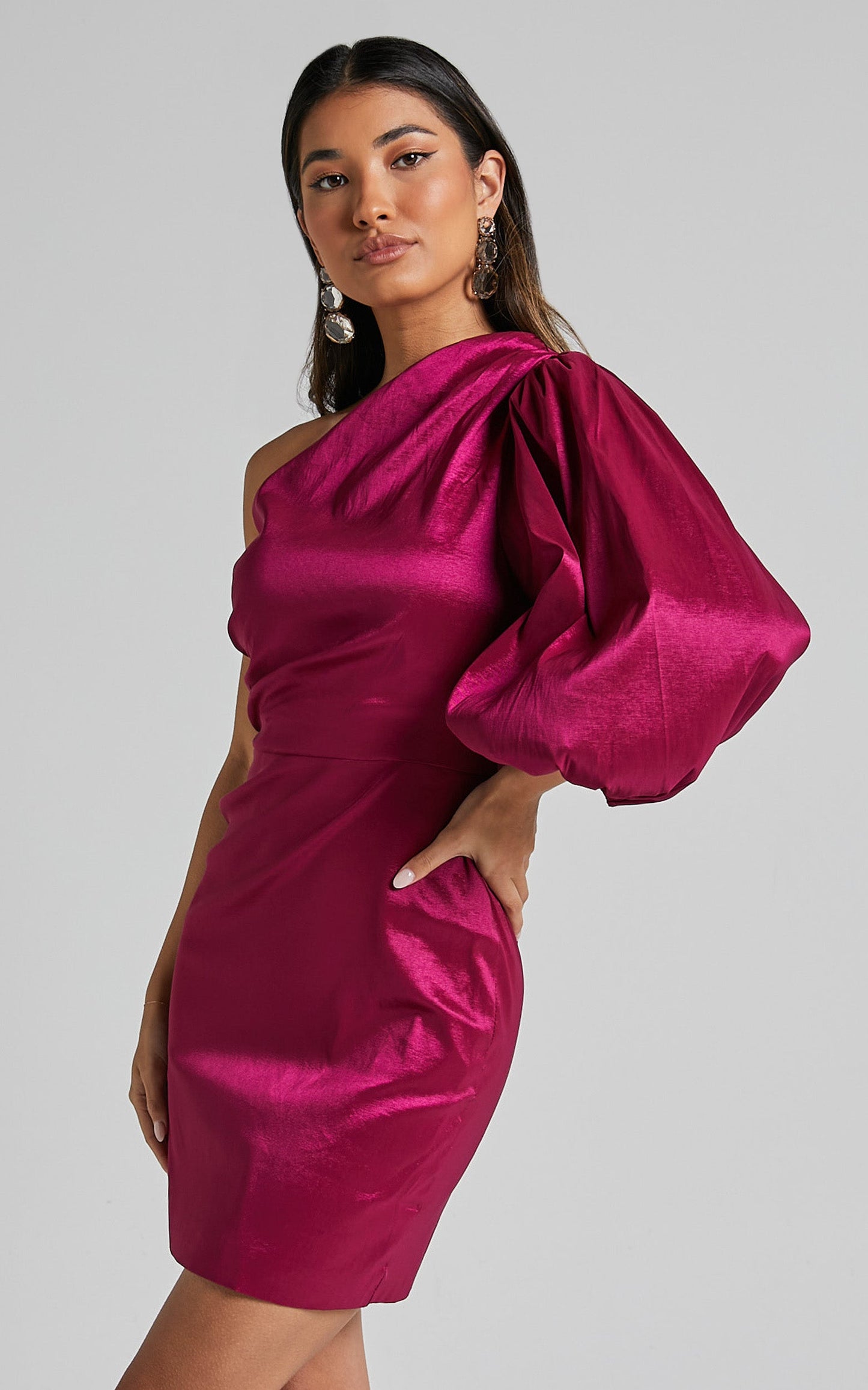 Denjella Mini Dress - 3/4 One Shoulder Puff Sleeve Bodycon Dress in Grape