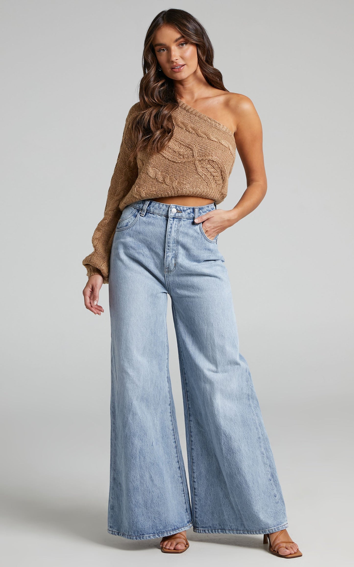 Denka Jumper - One Shoulder Cable Knit Jumper in Brown